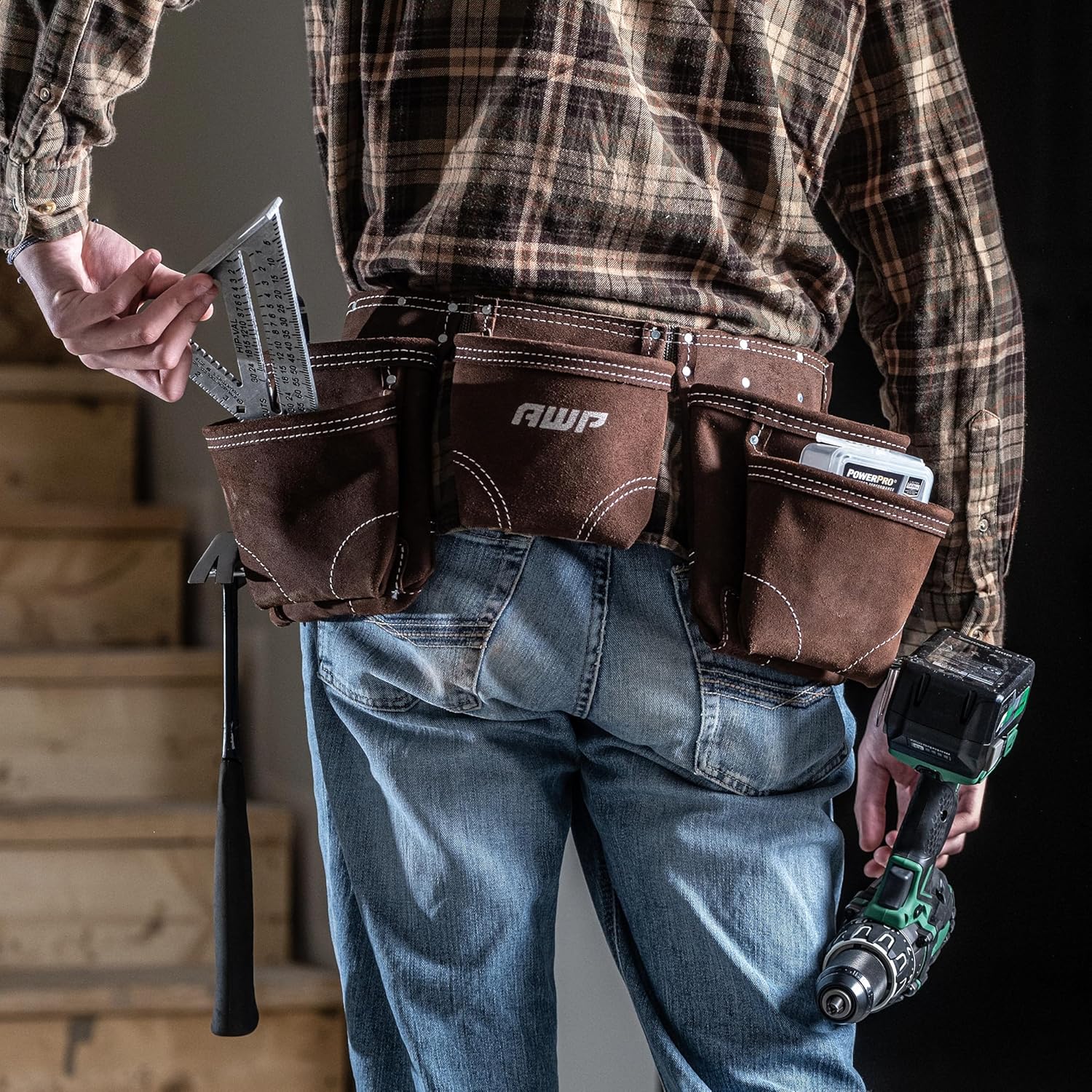 AWP Suede Leather General Construction Tool Pouch Apron | 11-Pocket Tool Organization Work Belt | Brown | Fits Up to 50" Waist Size