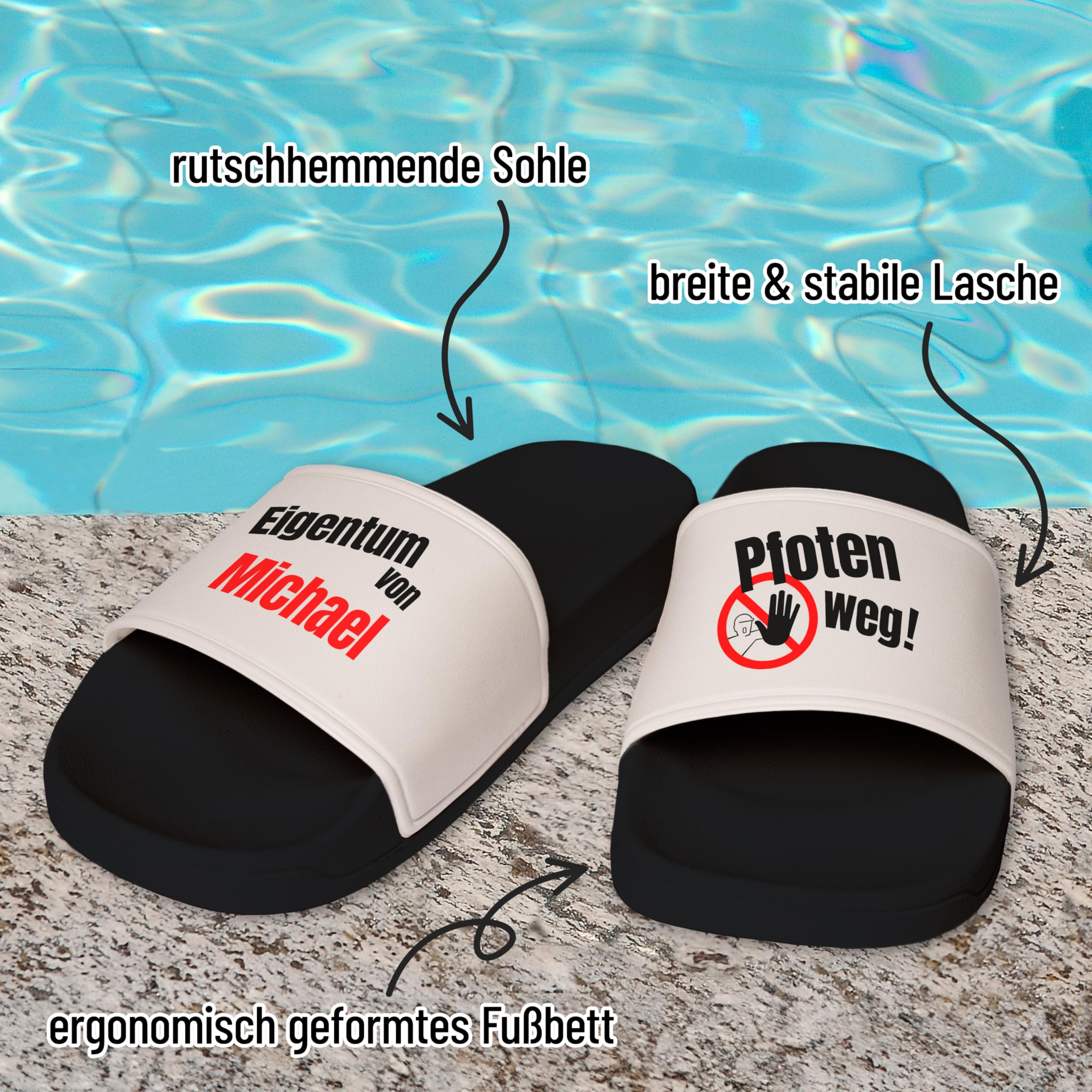 Lustige Badelatschen für Damen & Herren personalisiert „Pfoten Weg! Eigentum von Wunschname“ – Schlappen personalisiert mit Namen Badeschlappen Sommer - Geschenke Männer Frauen