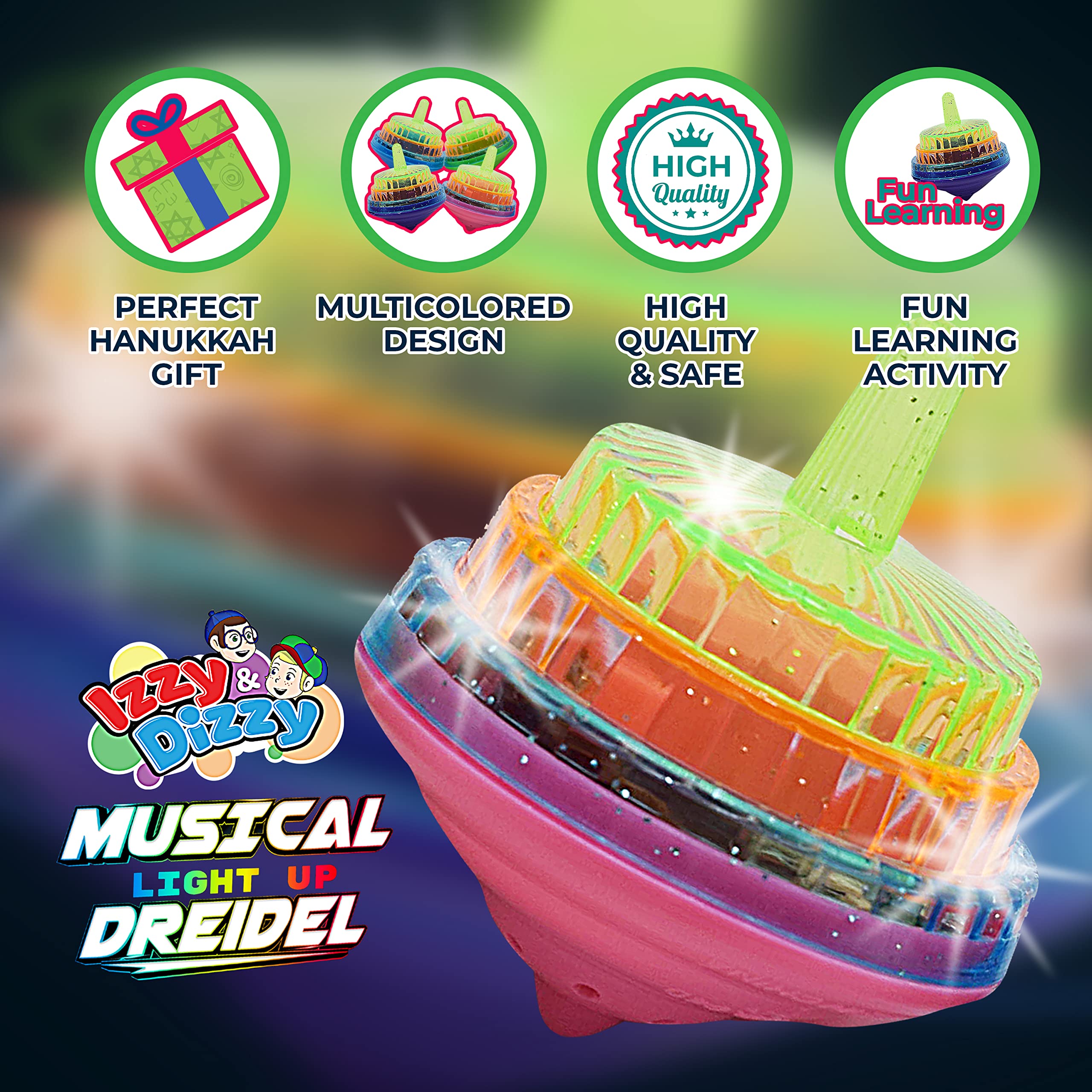 Izzy 'n' Dizzy Musical Dreidel - Hanukkah Dreidel 4 Pack - Sings Oh Draidel as it Lights Up - Light Up Dreidels - Chanukah Toys & Games
