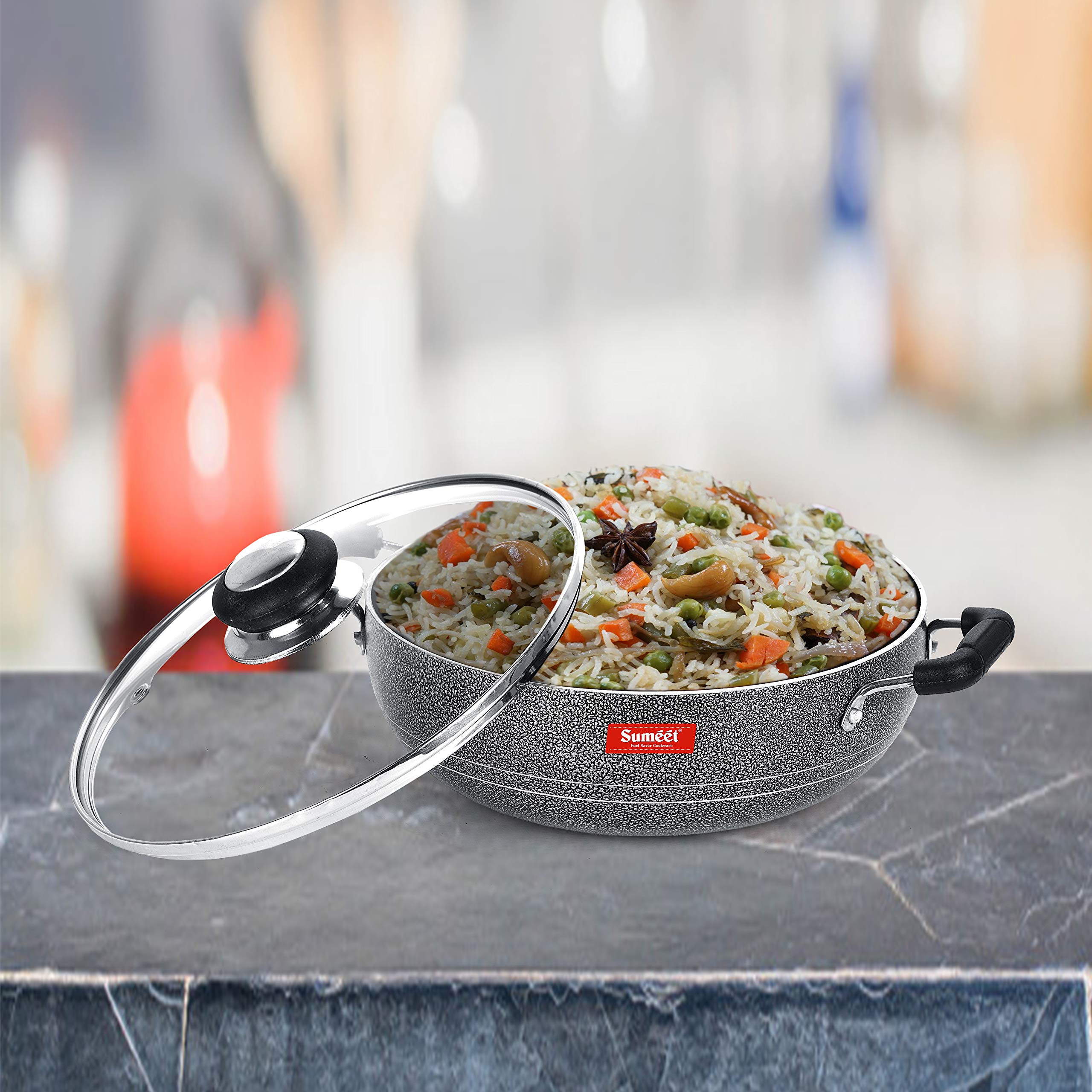 Summet 2.6mm Non Stick Glasso Deep Kadhai with Glass Lid - 2 Ltr - 22cm Dia (Silver)