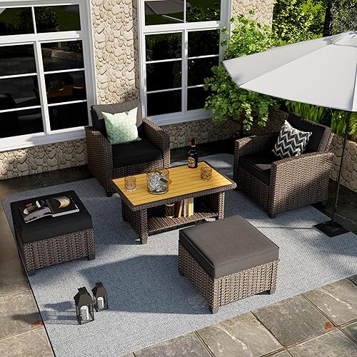 Juego de sofá seccional para patio al aire libre, muebles de ratán de 4 piezas, juegos de conversación de patio con fogata, sofá giratorio, asientos