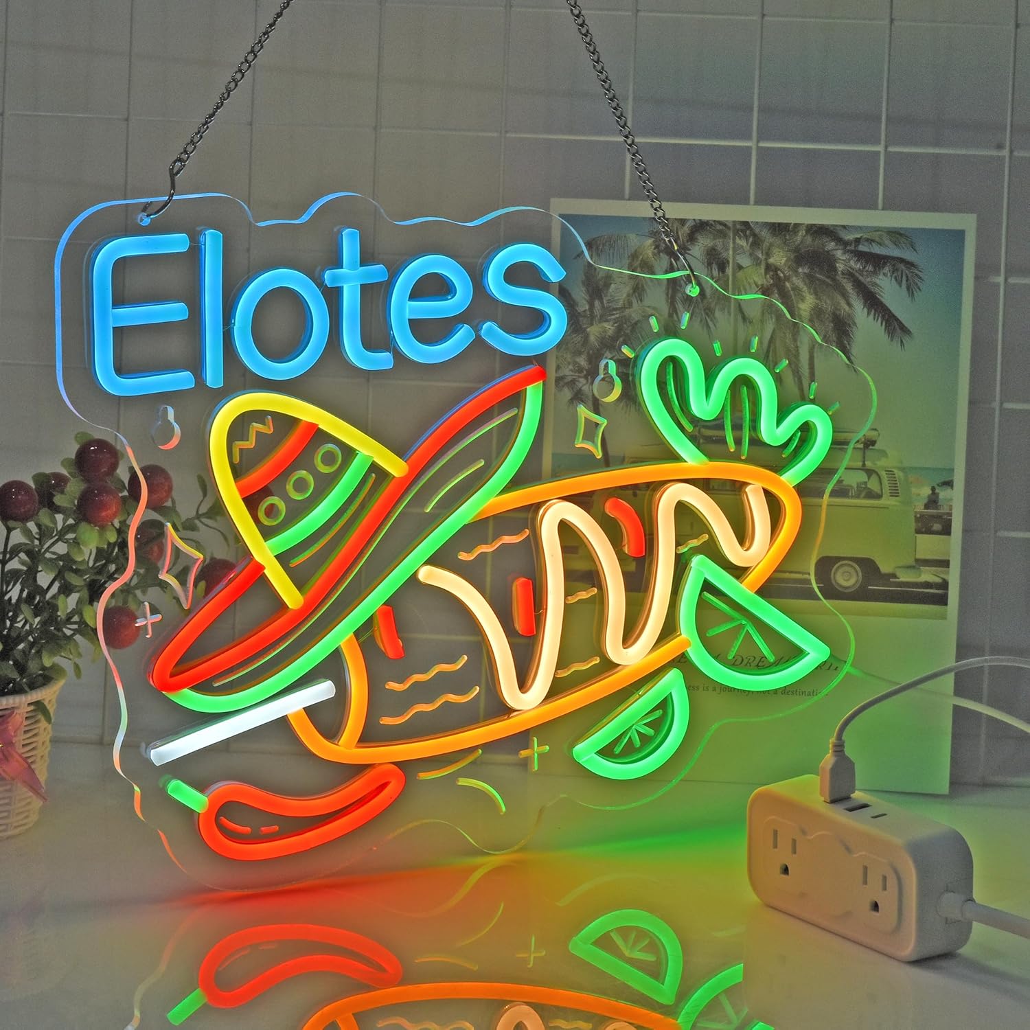 Elotes Neon Sign, Neon Lights Hanging Wall Art Decoration for Business Restaurant Store Shop Market Food Truck Home Decor, USB Powered Ultra Bright Dimmable,15.75×12.2inches
