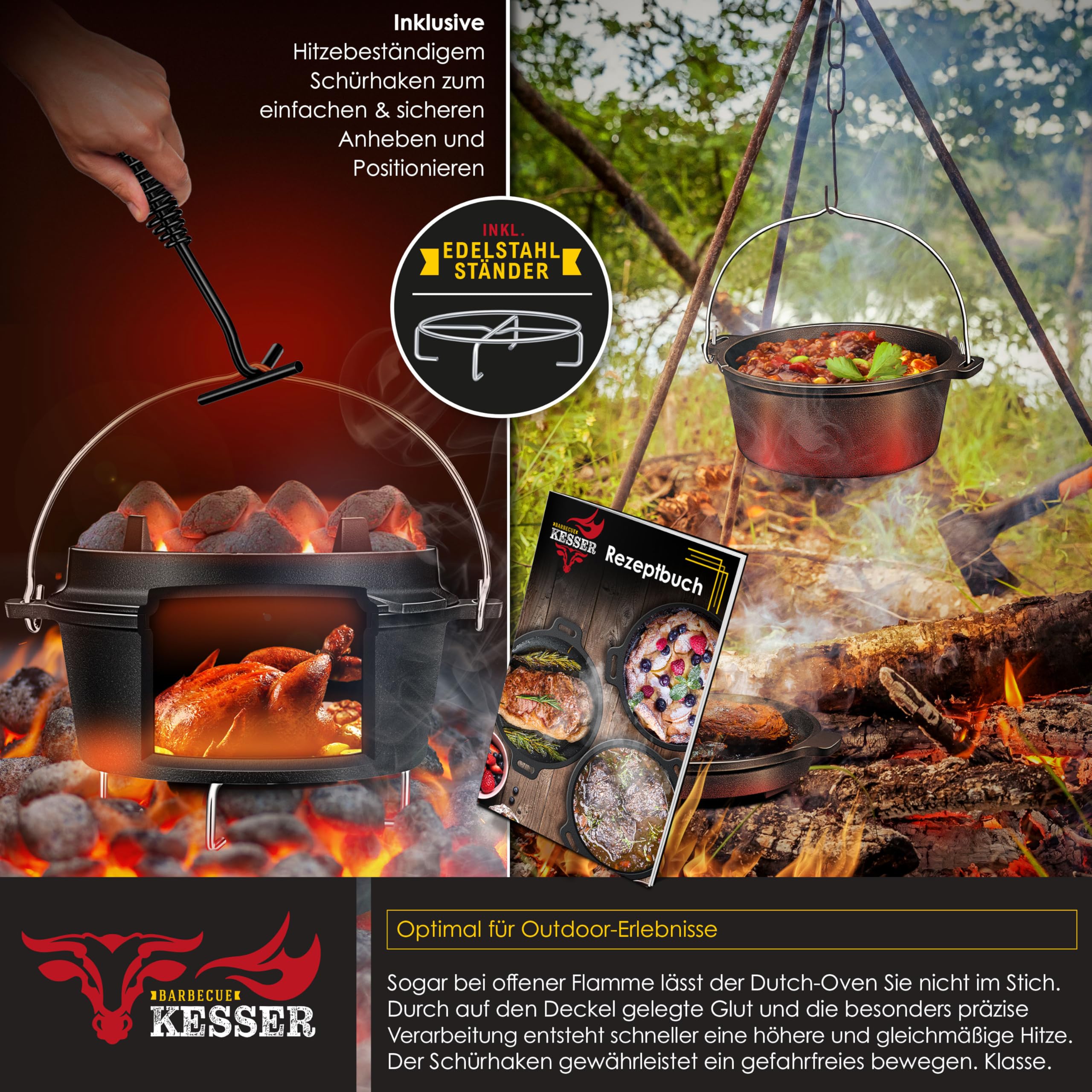 KESSER® Juego de horno holandés para barbacoa, 12 litros, olla para hoguera con posavasos de acero inoxidable, olla de hierro fundido con elevador de tapa, asa y ranura para termómetro