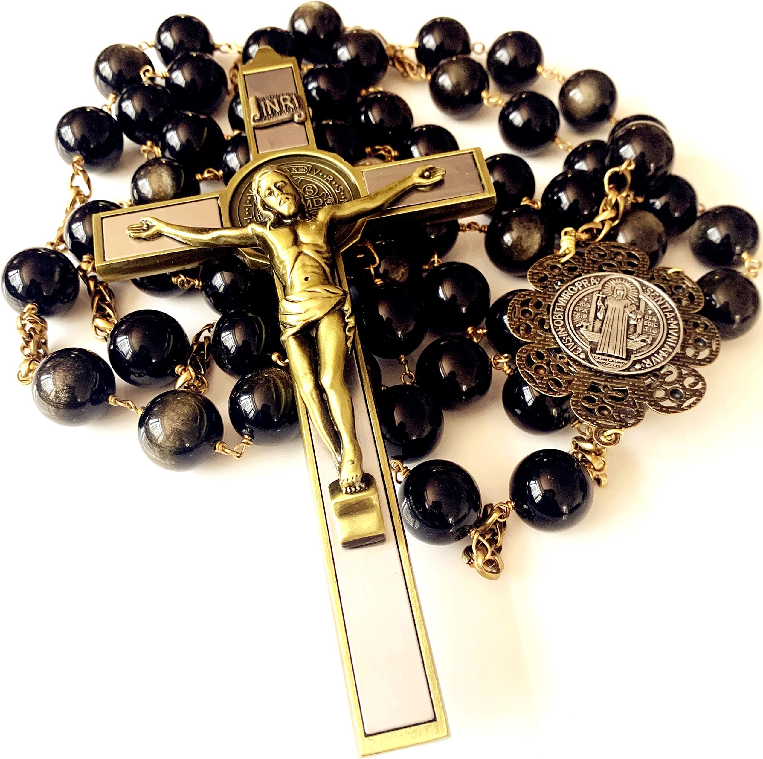 Handmade Large 20mm Black Gold Obsidian Bead Wall Rosary Cross St.Benedict crucifix catholic Gift Box