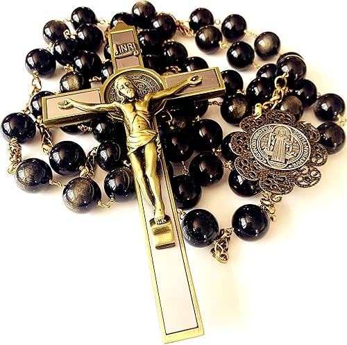 Miniatura 1 de elegantmedical Caja de regalo católica de cruz de rosario grande hecha a mano con cuentas de obsidiana de oro negro de 0.787 in, Obsidiana dorada