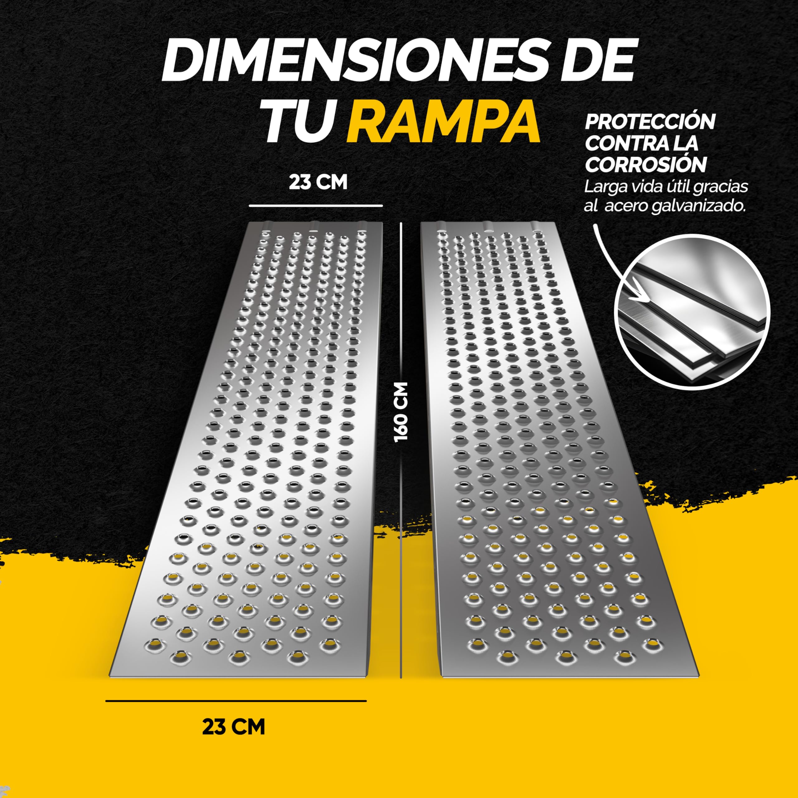 MONZANA® 2X Rampas para Coches Plegables 160cm Acero Galvanizado Carga Total 400kg Vehículos Motos Ciclomotores Rieles Antideslizante Asas Sillas de Ruedas Remolque Furgoneta Quads Riel Carretillas