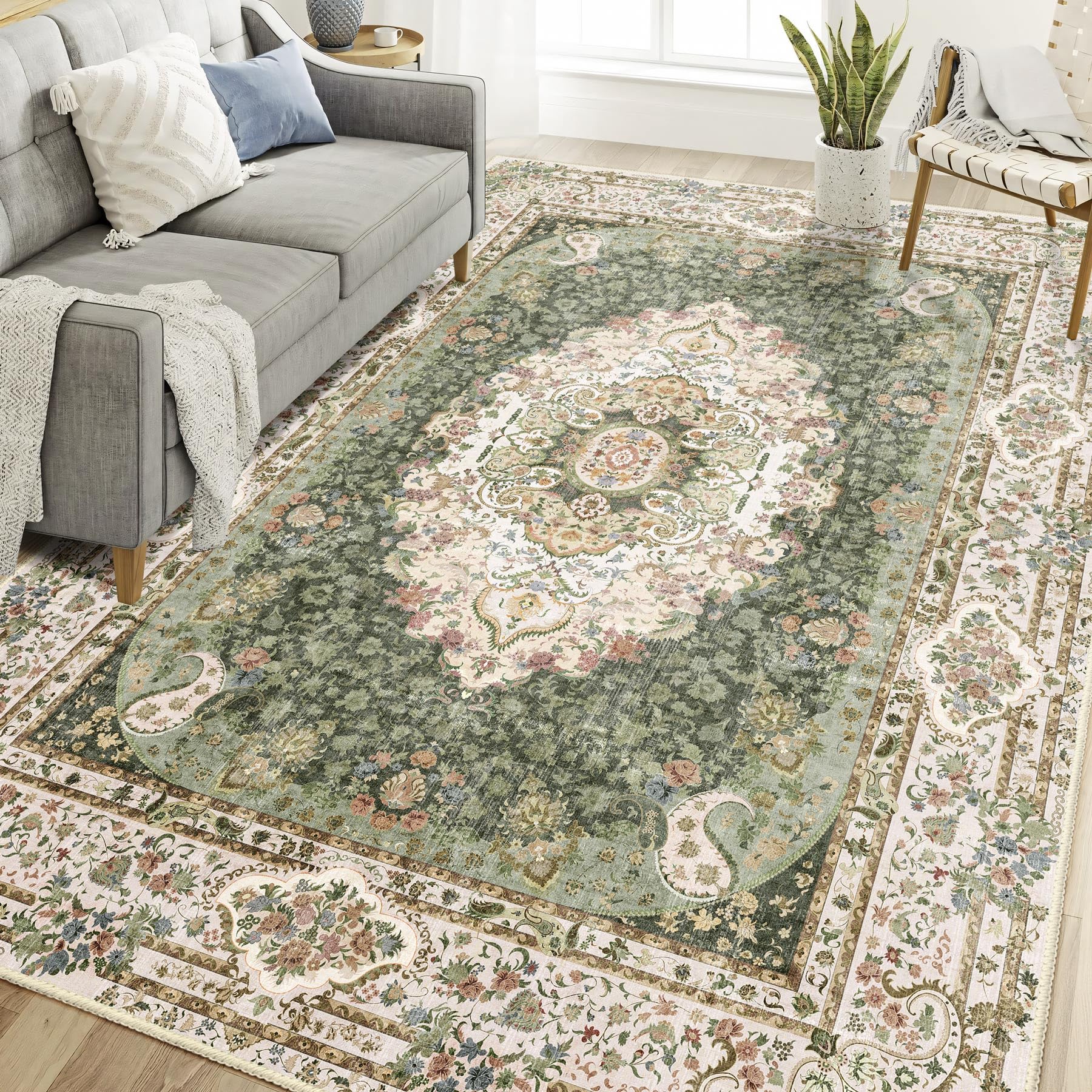 Casrage 6x9 Area Rugs Washable,Green Rug for Living Room Bedroom Kitchen,Large Boho Vintage Bohemian Distressed Carpet Non Slip,Floral — image 1