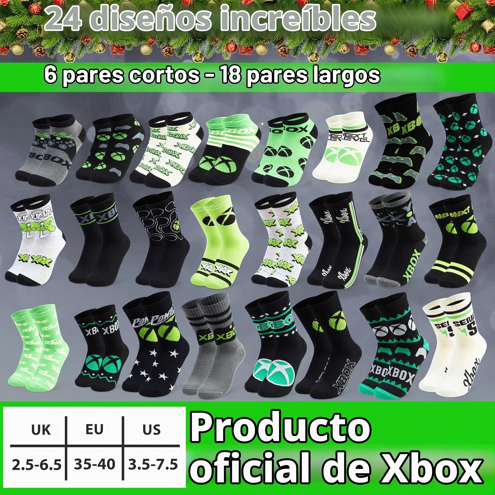 Get Trend Xbox Calendario Adviento 2025 con 24 Pares Calcetines Originales para Niños Adolescentes, 35-40, Diseños Videojuegos Divertidos (Verde Xbox)