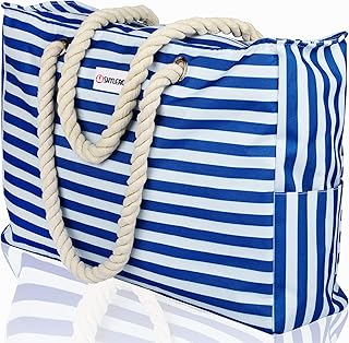 Beach Bag XL. 100% Waterproof (IP64). L22 xH15 xW6 w Cotton Rope Handles, Top Zipper, Extra Outside Pocket. Blue Stripes Beach Tote Includes Waterproof Phone Case, Built-in Key Holder, Bottle Opener