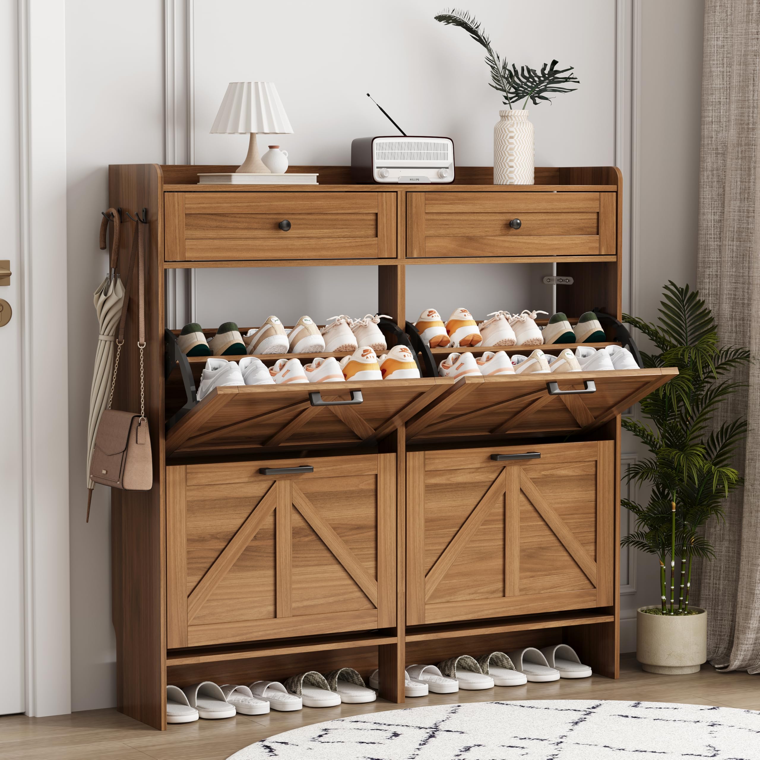 Shoe Cabinet with 4 Flip Drawers &amp; 2 Top Drawers, 43" Tall Freestanding Narrow Wooden Shoe Storage Organizer for Entryway, Hidden Slim Shoe Rack for Front Door Entrance, Hallway, Living Room, Walnut