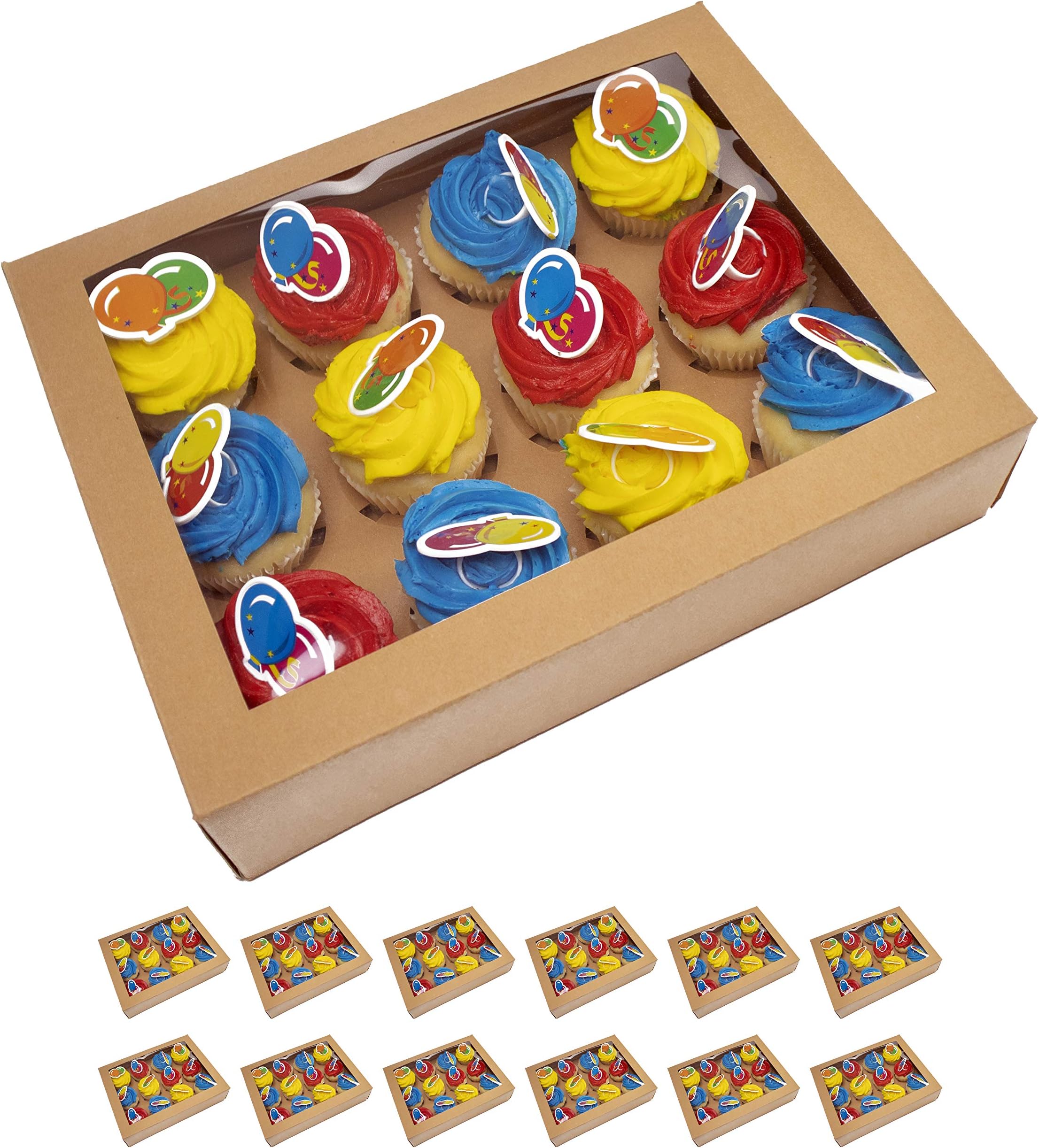 EssosCupcake Boxes for 12 Kraft with Clear Display Window [12 pieces] Self folding Cupcakes Container or Packaging Box Kit for Chocolate Truffles Cake Pops Desserts Mini Cookies Pies or Muffins