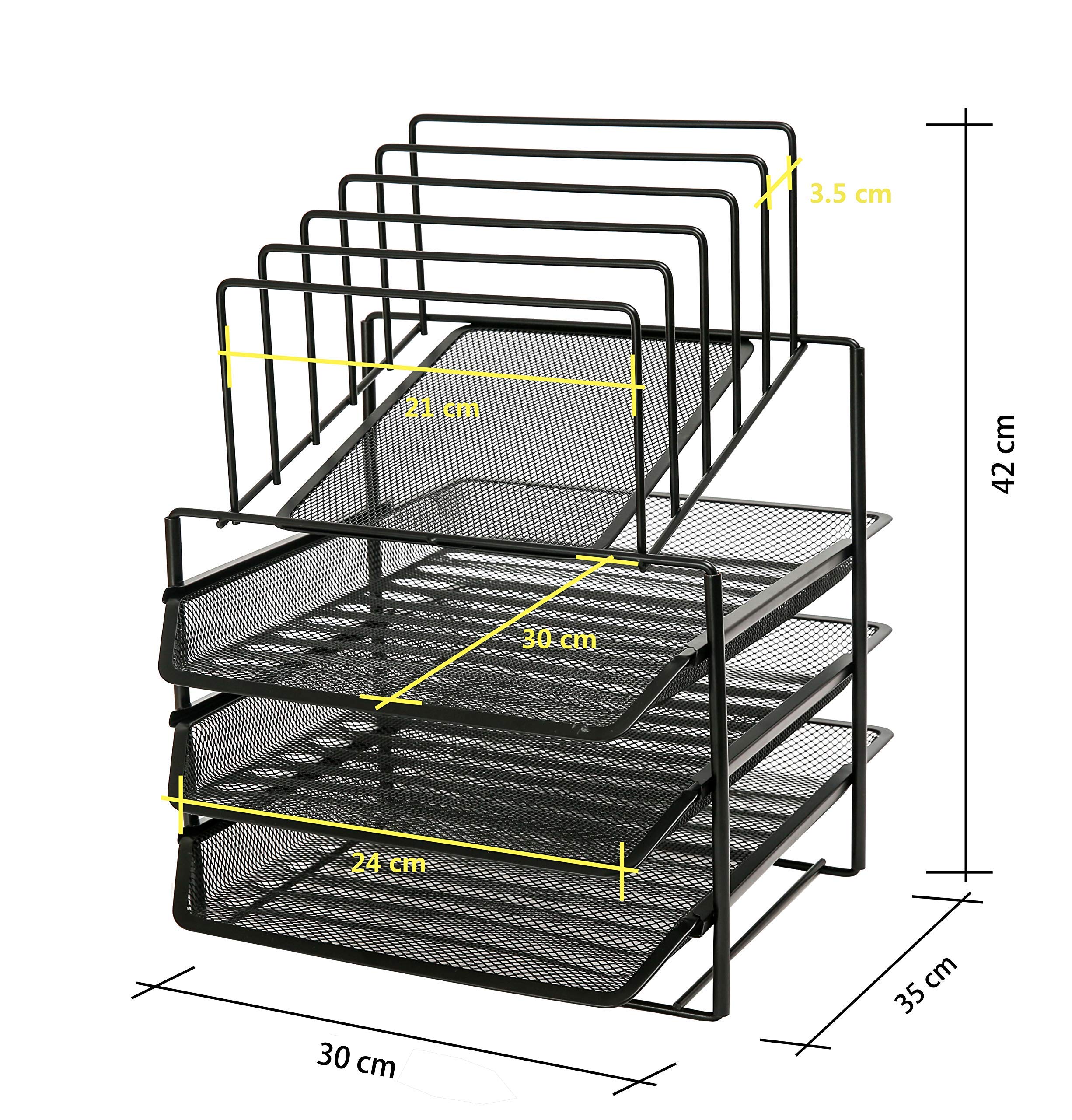 Exerz Grilles métalliques à 3 Couches avec 5 diviseurs. classeur de Papier/Organisateur Multifonctionnel de Bureau. Porte-Documents pour Le Bureau, l'école, l'étude, Les œuvres d'art - EX2428 Noir