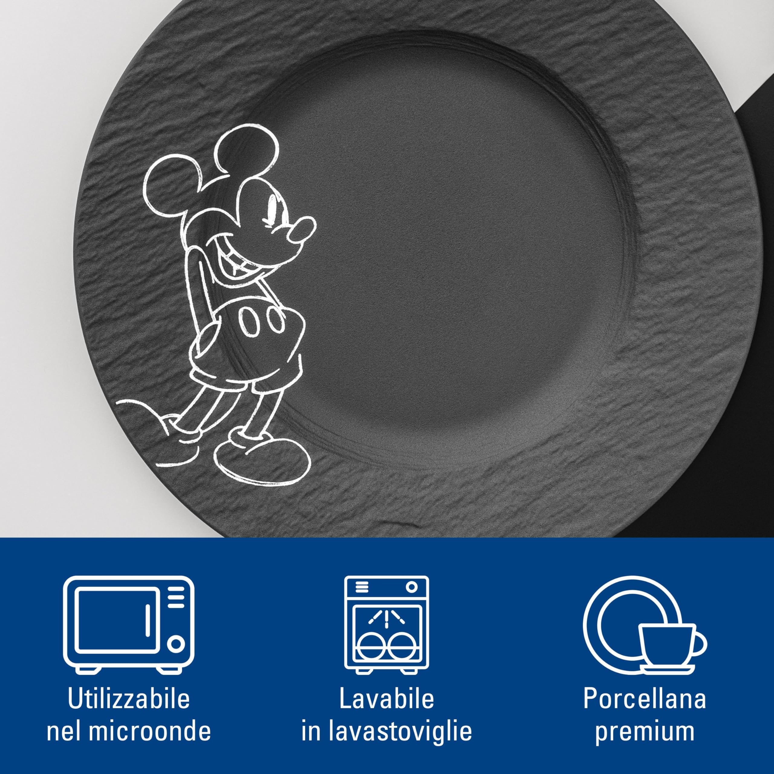 Villeroy & Boch Manufacture Rock – Mickey Mouse – Piatto da dessert/colazione, nero, lavabile in lavastoviglie e utilizzabile nel microonde, effetto ardesia con decoro Disney Topolino