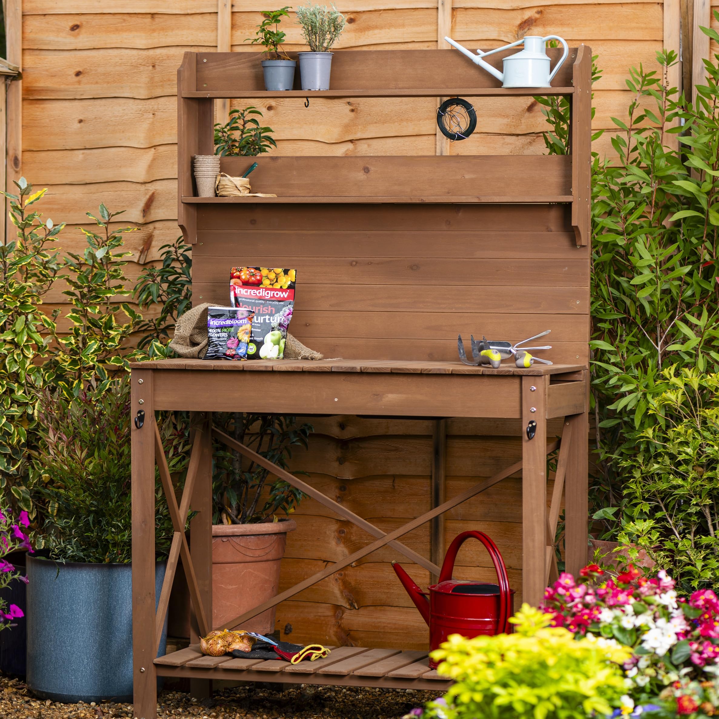 Garden Gear Expandable Premium Potting Bench Hemlock Wood Outdoor Gardening Work Table with Dual Plastic Basins Storage Shelves Hooks Potting Station Garden Workbench