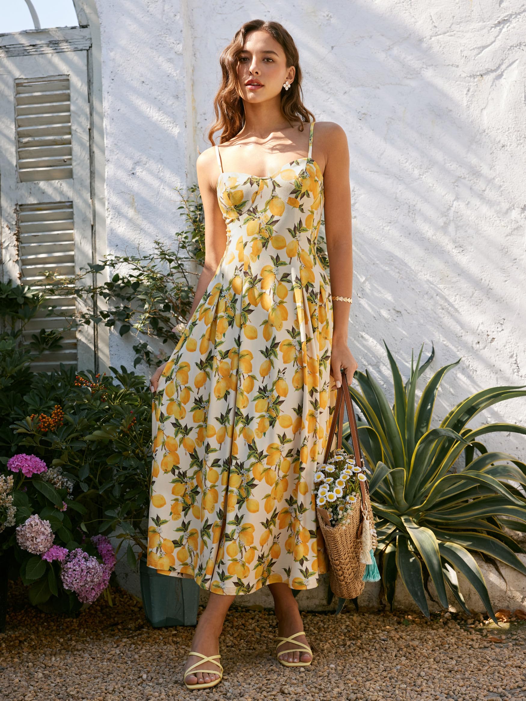 CIDER Sonnenkleider für Damen, Zitronengelb, Spaghettiträger, A-Linie, quadratischer Ausschnitt, Maxikleid, Urlaub, Party, Strand, Outfits