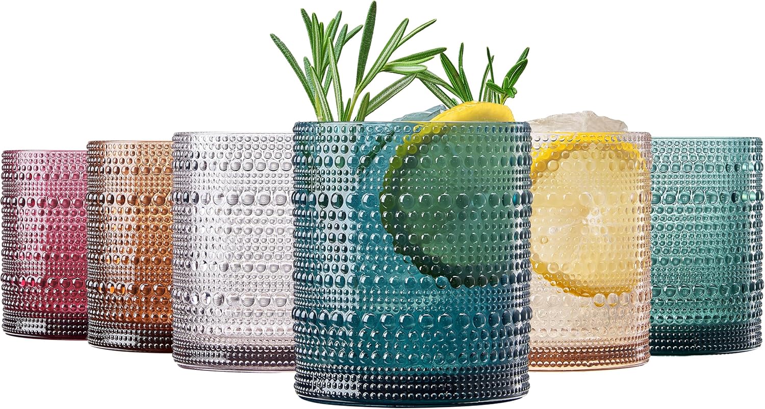 Khen Plastic Hobnail Drinking Glasses Set of 6 Neutral Tones Cups 14oz, Shatterproof & Unbreakable Acrylic Beaded Design, BPA-Free, Dishwasher Safe Indoor/Outdoor Drinkware for Water, Juice, Cocktails