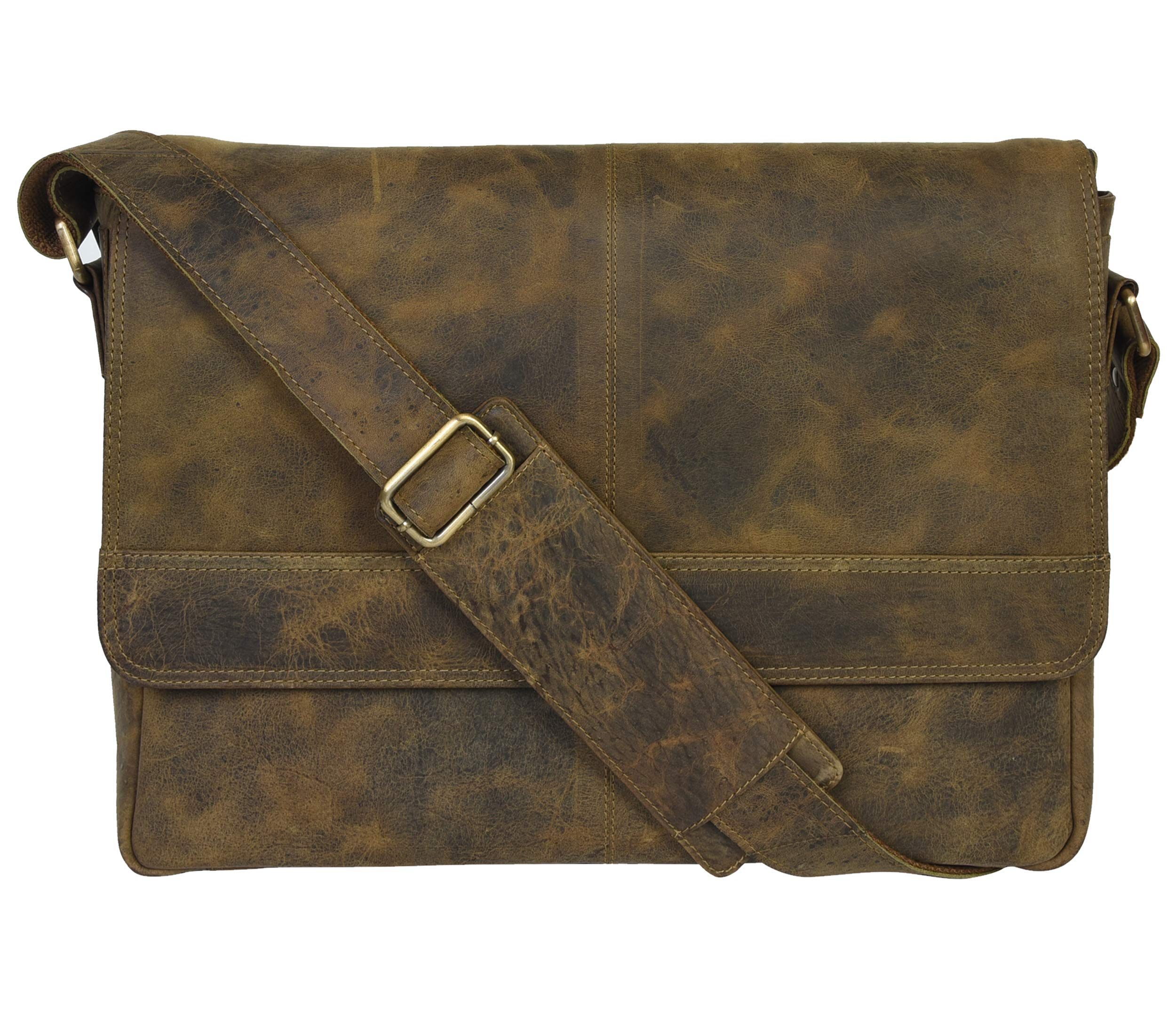 VALENCHI 15" Full Grain Leather Laptop Messenger Bag For Men & Women - Padded 15.3" Laptop Compartment, Ample Storage & Pockets, Premium Natural Leather (KHAKI VINTAGE)