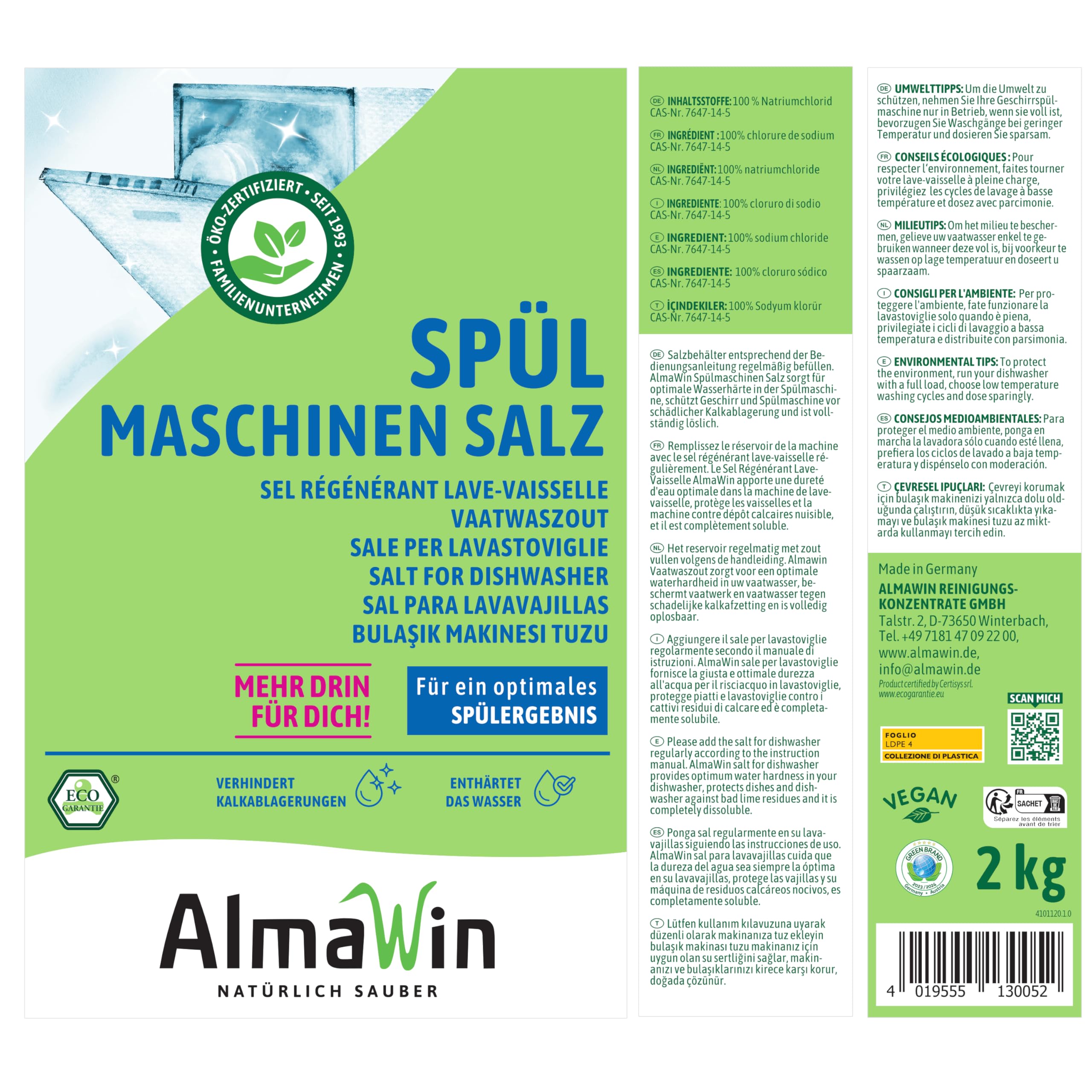 AlmaWin® Spülmaschinen Salz [18x 2kg] zum Schutz vor Kalkablagerungen & Wasserflecken - Geschirrspüler Salz für optimale Spülergebnisse - Regeneriersalz, Spezialsalz - 100% Natürlich, Bio & VEGAN