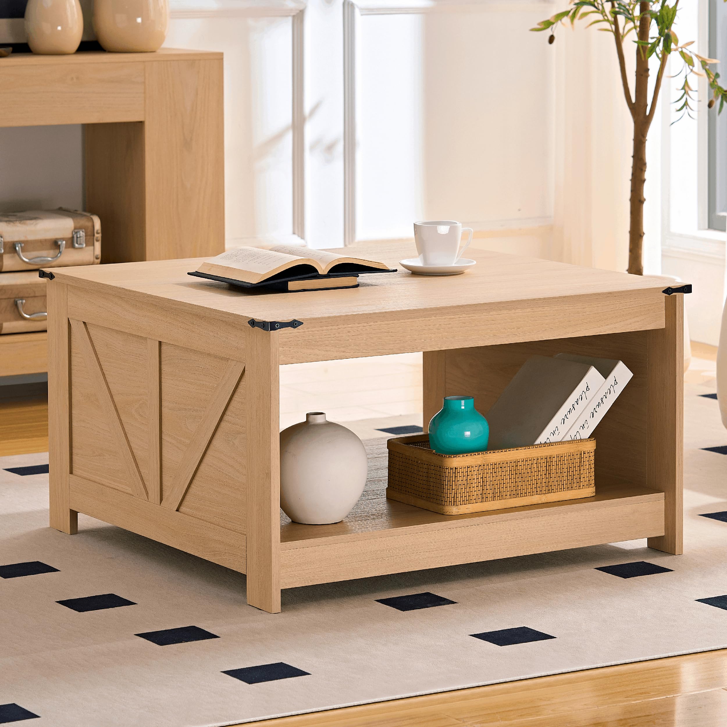 OKYCI Farmhouse Coffee Table for Living Room, Wood Square Coffee Tables, 31.5" D x 31.5" W, Natural Oak