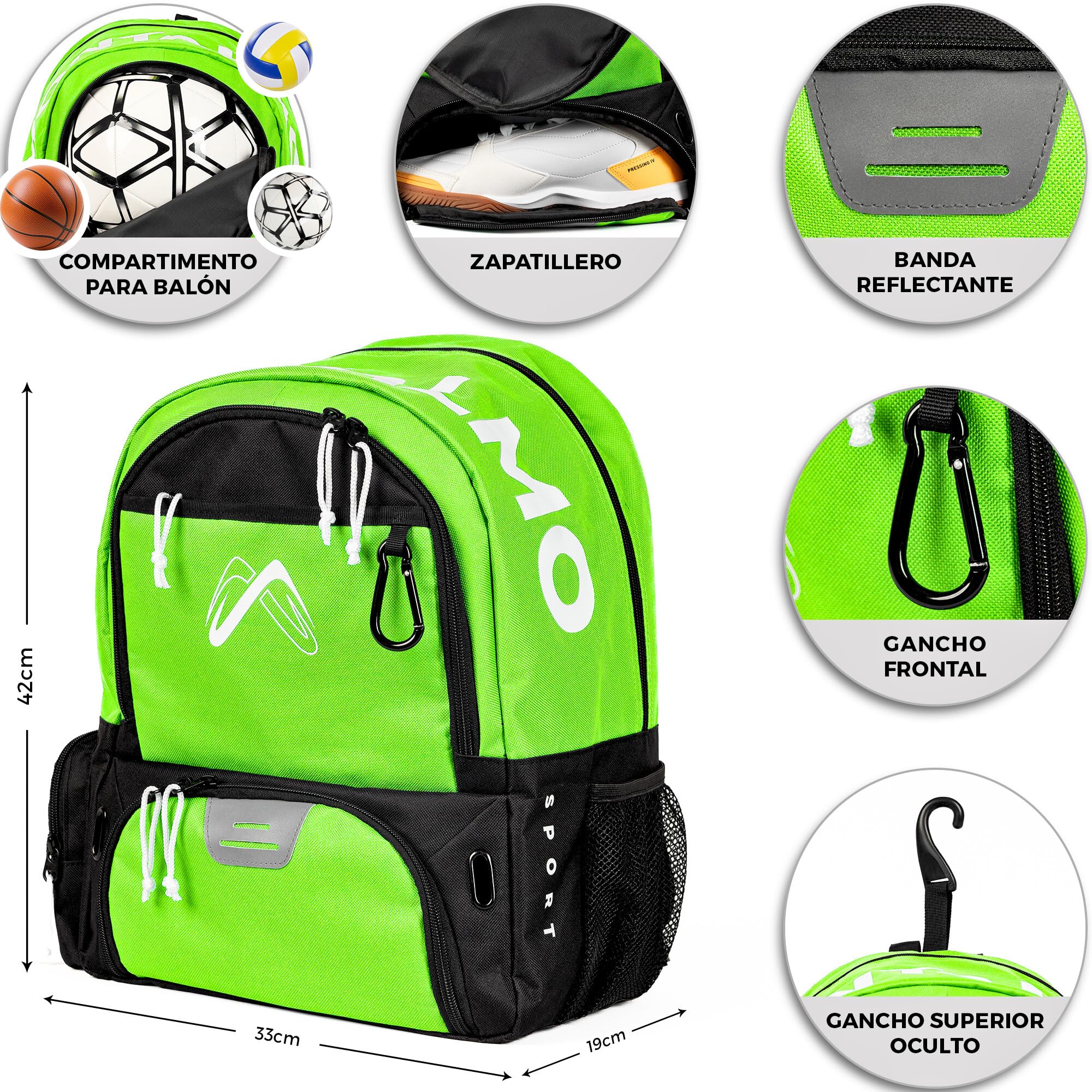 Fußball Basketball Voley Handball Rucksack mit Schuhfach und Ballfach | Sportrucksack für Jungen und Mädchen