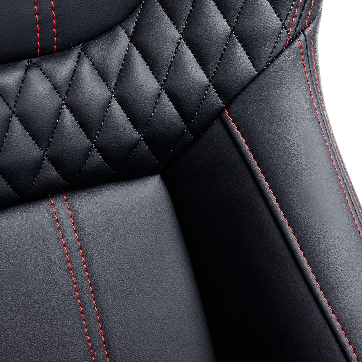Pair Universal Racing Bucket Seats,Black PVC Leather Red Diamond Stitch Reclinable With Double Slider Low Bottom(Not Including Seat Bracket)