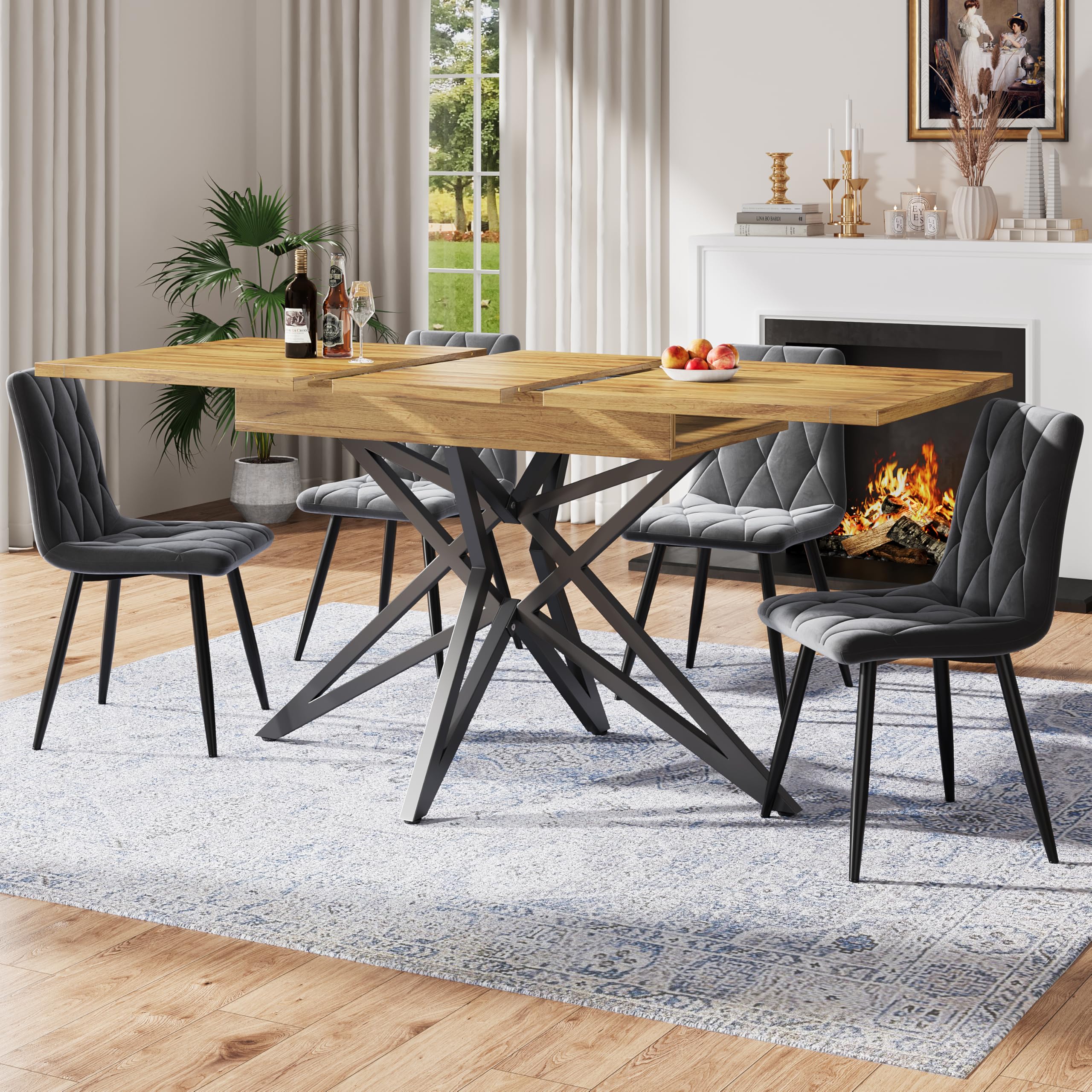 Generisch Tavolo da pranzo allungabile, 120 (160) x 80 x 66,1 cm, tavolo da cucina per la colazione, con piano in legno di noce/marmo, gambe in metallo nero a forma di stella, portata fino a 60 kg