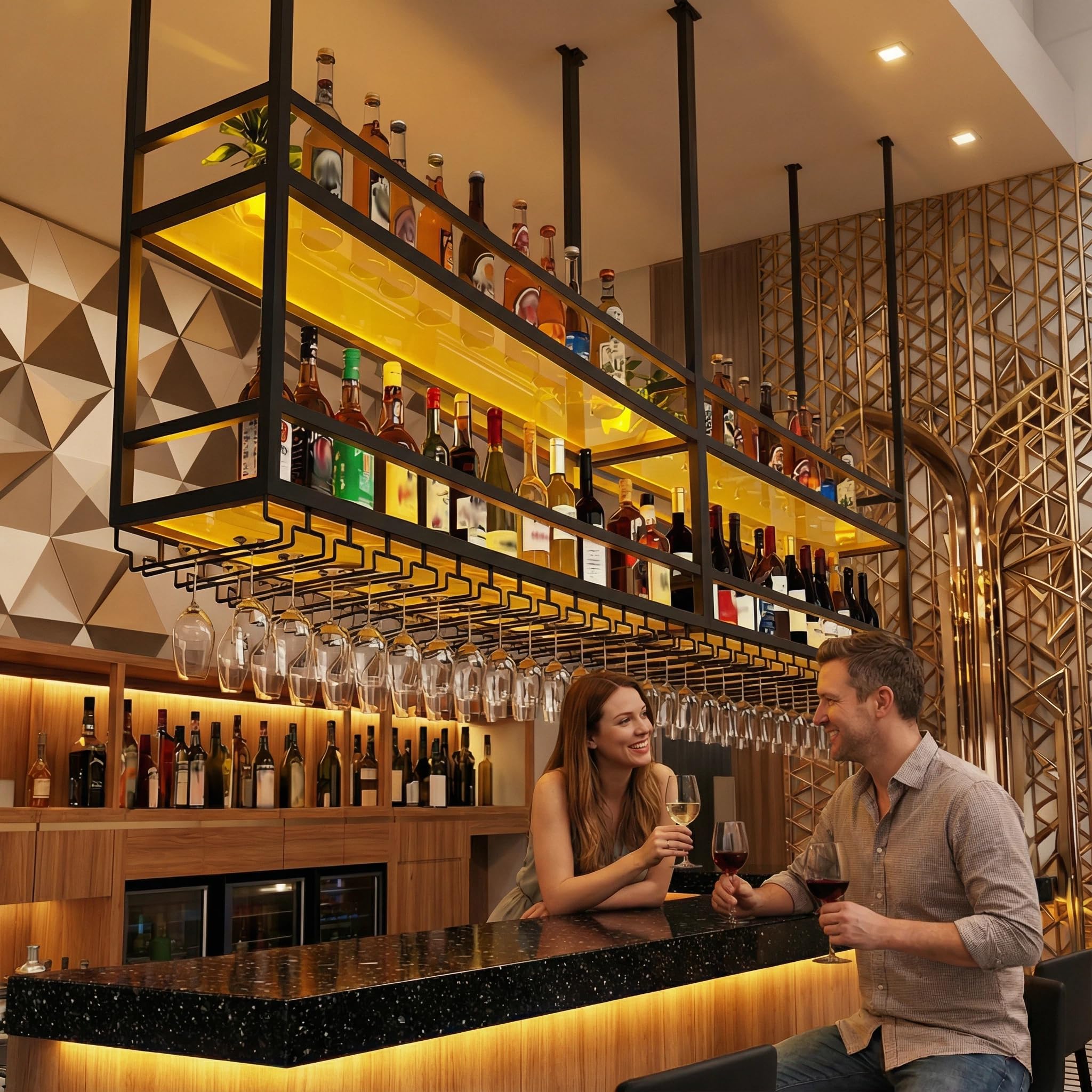80CM Botellero colgante techo Luz LED, 2 Niveles botellero de techo de acrílico con portavasos y estantes transparentes portavasos botelleros para loft, para Cocina, Bar, Cafetería y decoración