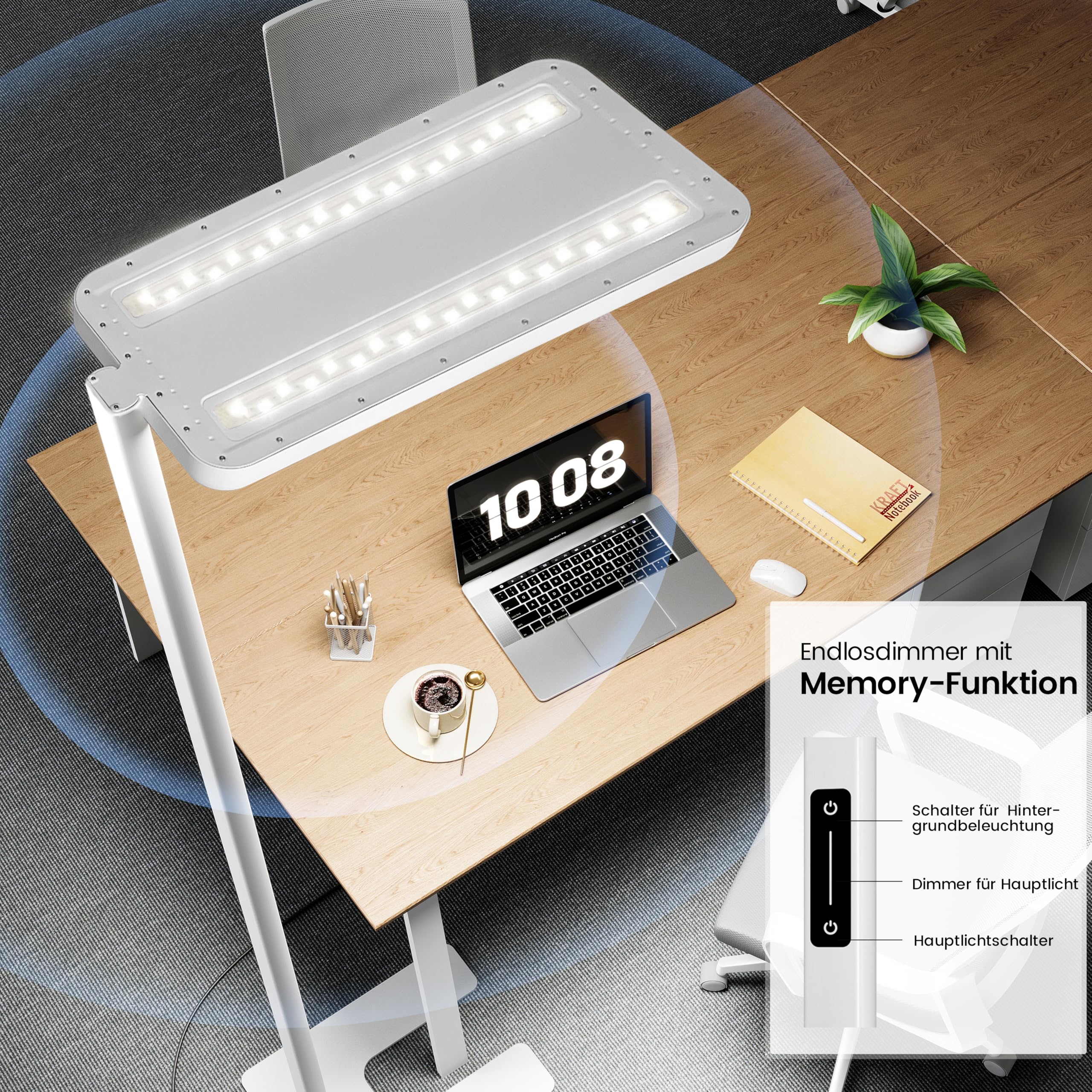 Büro Stehlampe – UGR<16, CRI>98, 6600lm, Vollspektrum | 198cm Büro Stehlampe | UGR<16 + CRI>98 | 6600lm Vollspektrum 4000K | 2 Lichtquellen getrennt dimmbar | Touch + Memory | Weiß