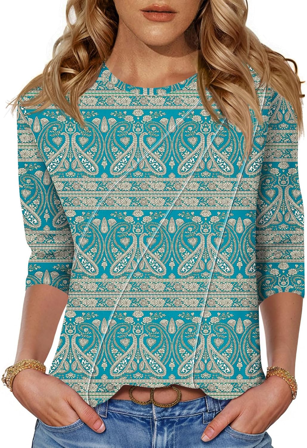 LOMON 3/4 Length Sleeve Womens Tops Spring Summer Fashion 2026 Tops Crew Neck Pleated Shirts Tunic Top Loose Fit