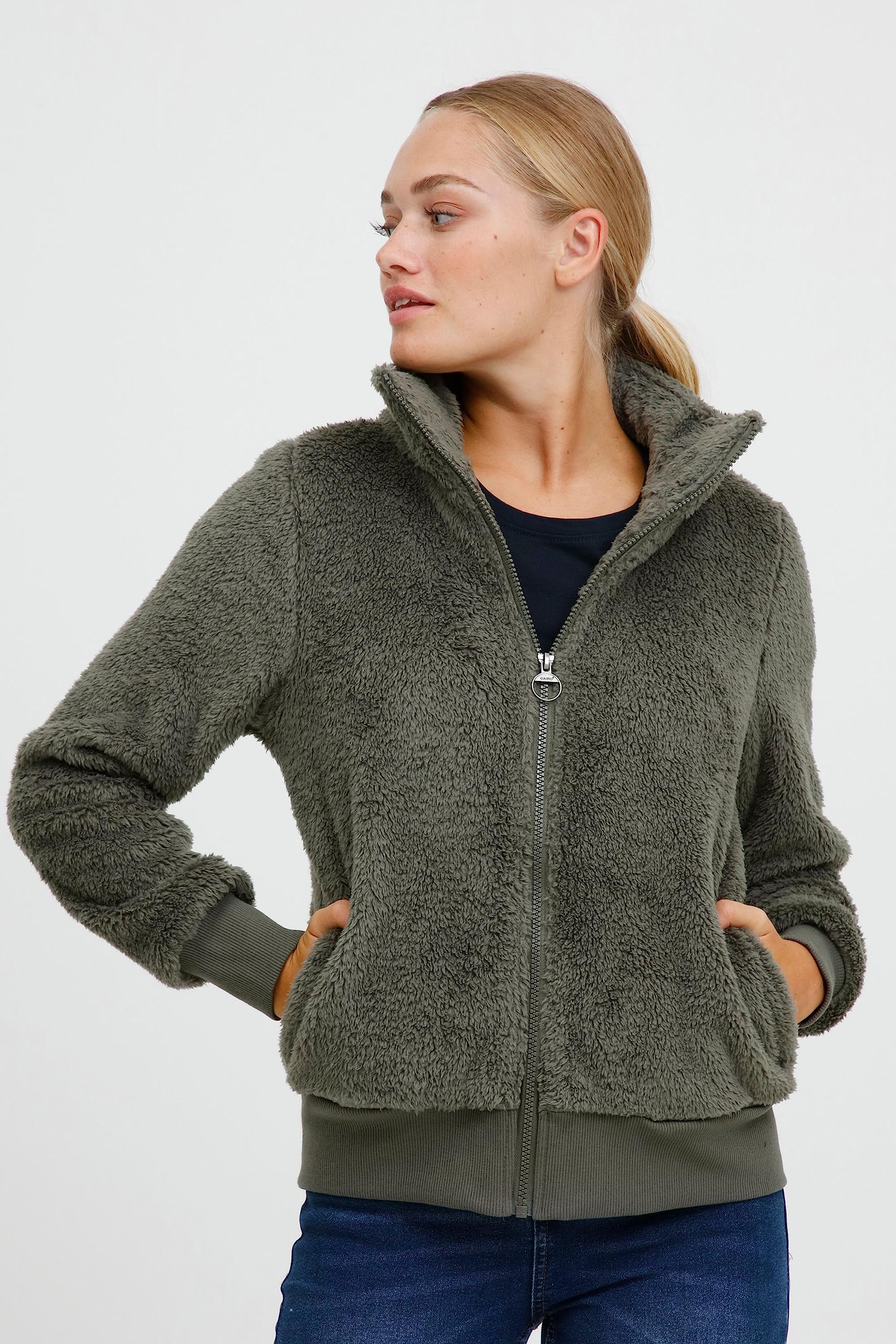 OXMO OXAnneka Damen Sweatjacke Jacke mit Teddyfutter Stehkragen Reißverschluss Eingrifftaschen Regular fit
