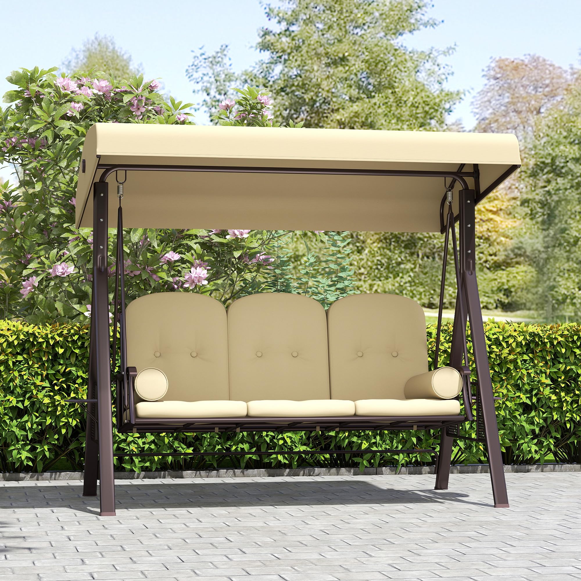 Outsunny Columpio de jardín de 3 plazas, con toldo, cojín de metal y poliéster, gris, 116 x 206 x 183 cm