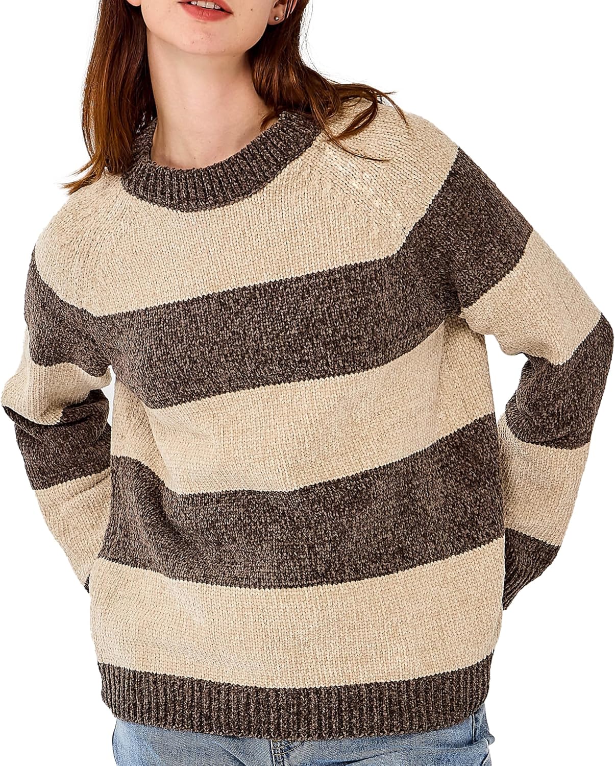 Simple&Opulence Women's Chenille Sweater Crewneck Long Sleeve Pullover Ribbed Cuff Hem Round Neck Jumper Tops