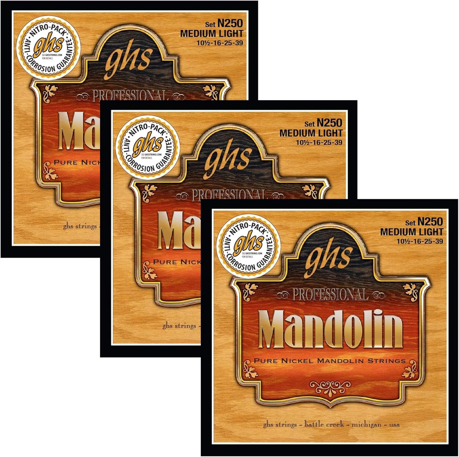 GHS Strings MANDOLIN - Pure Nickel String Set - N250 - Medium Light, 10 1/2-39, Pack of 3