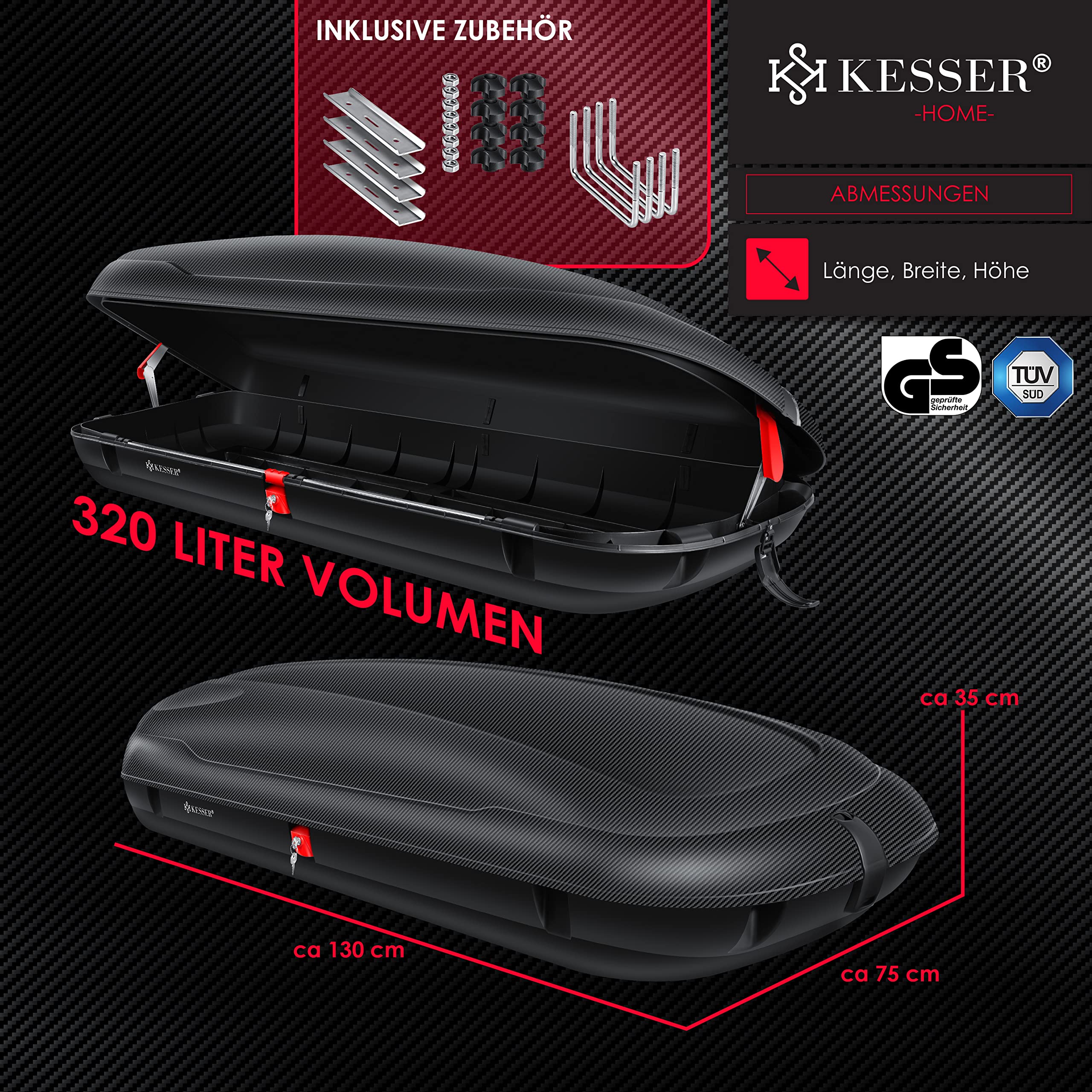 KESSER® Cofre de Techo para Coche, Caja de Equipaje, Maleta, Maleta, Caja de Techo, Incluye Accesorios, Cierre centralizado, Universal, Adecuado para Coches, Furgonetas o SUV, Aspecto de Carbono 320L