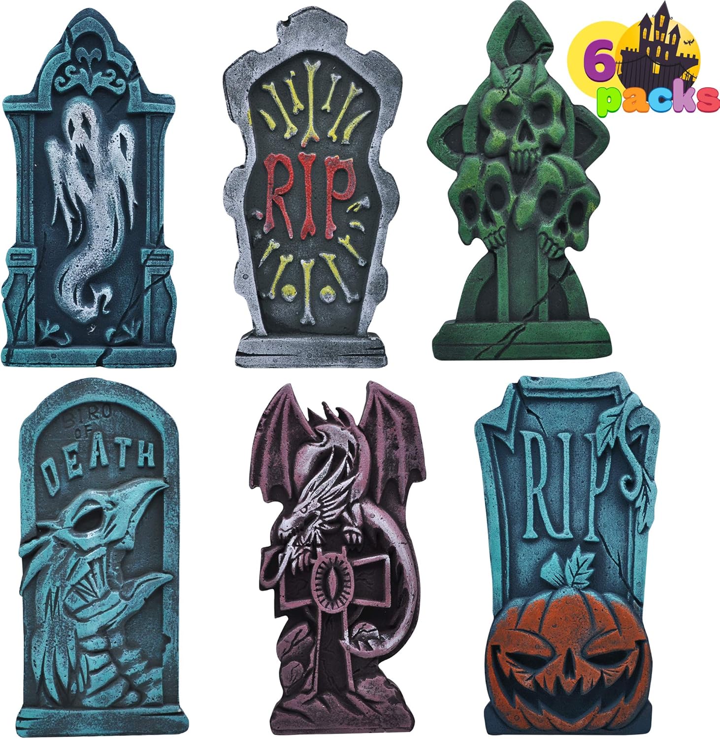 JOYIN 17” Halloween Foam RIP Graveyard Tombstone (6 Pack), Headstone with Different Styles and Bonus Metal Stakes for Halloween Yard Outdoor Indoor Decorations