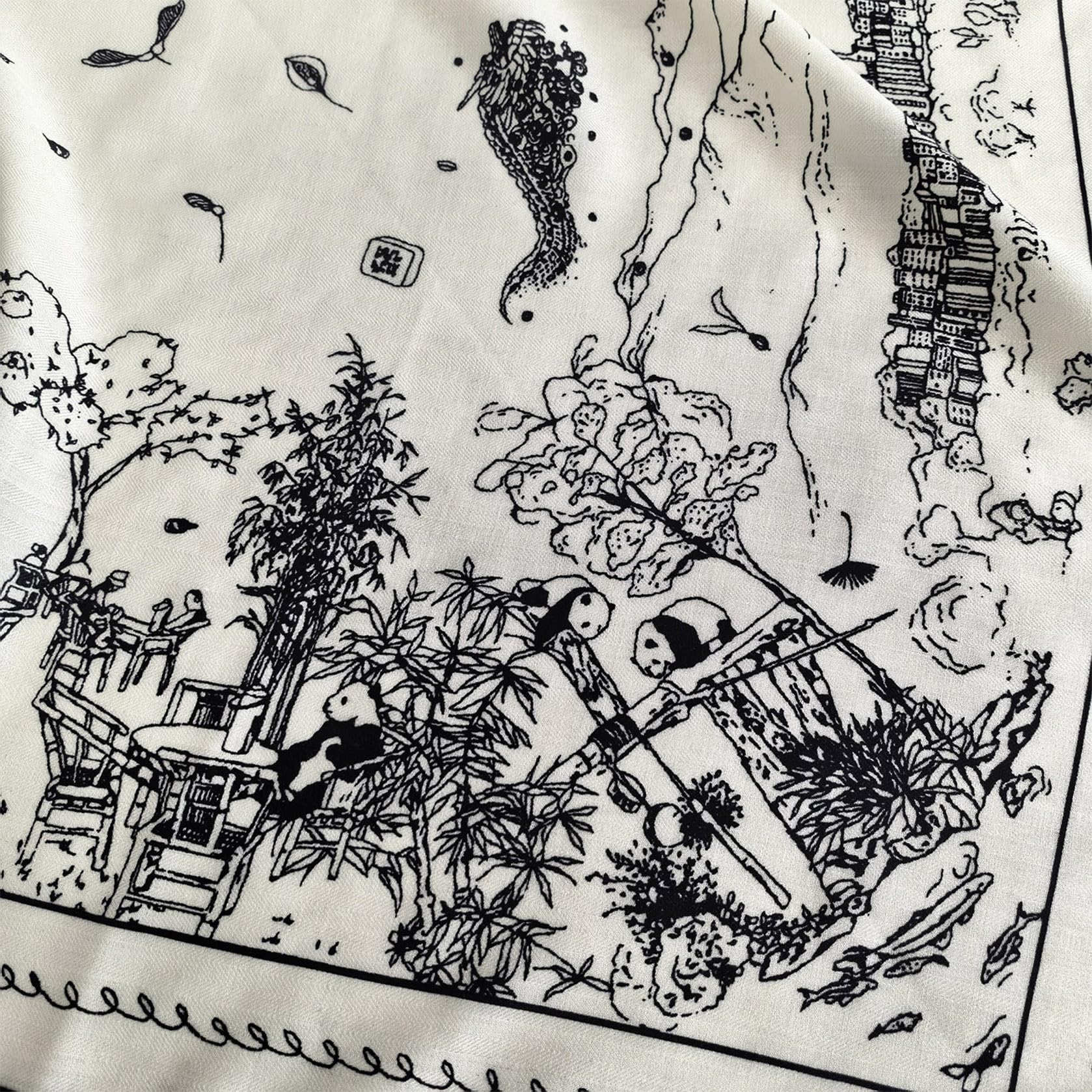 HangErFeng Damski jedwabny szalik wełniany syczuańska panda chinoiserie chusta szal 1673
