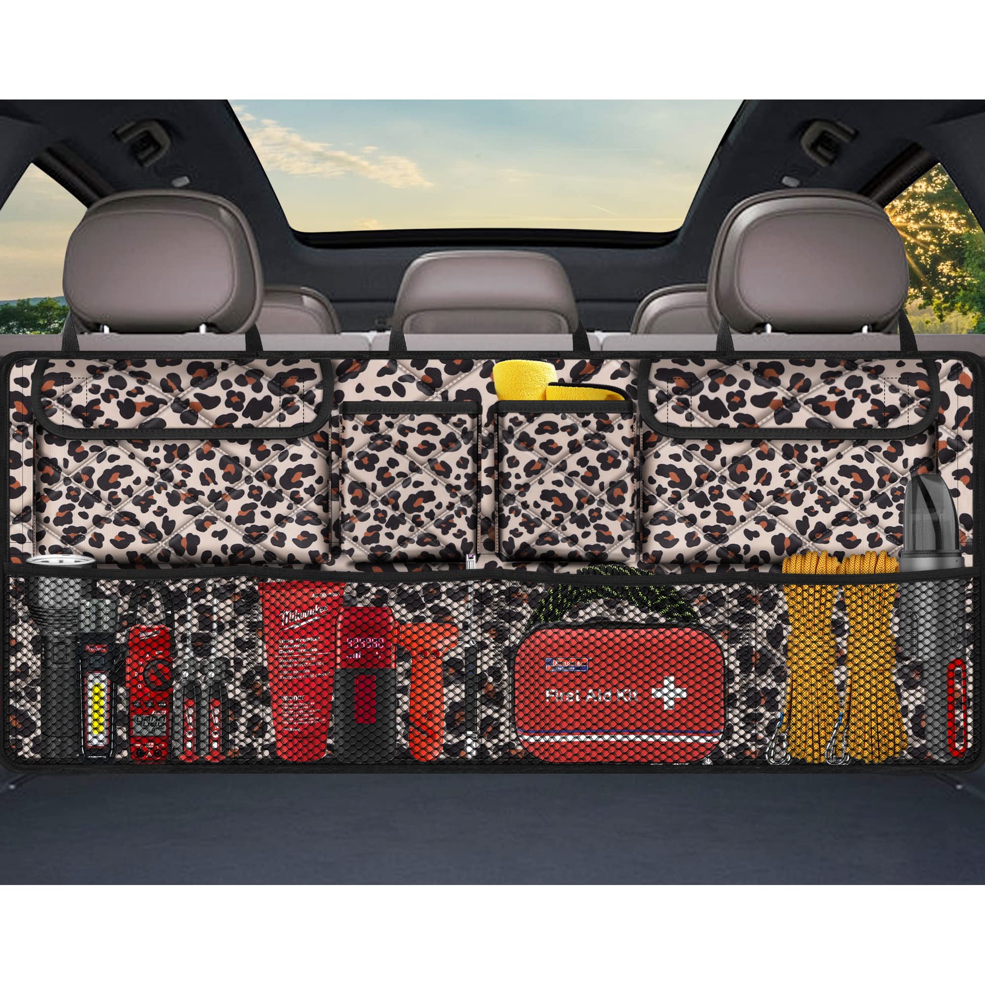 Femuar Organiseur de coffre de voiture de grande capacité (106,7 x 45,7 cm), sac de rangement pliable avec 8 compartiments, organiseur de voiture pour SUV/monospace/camion – Imprimé léopard