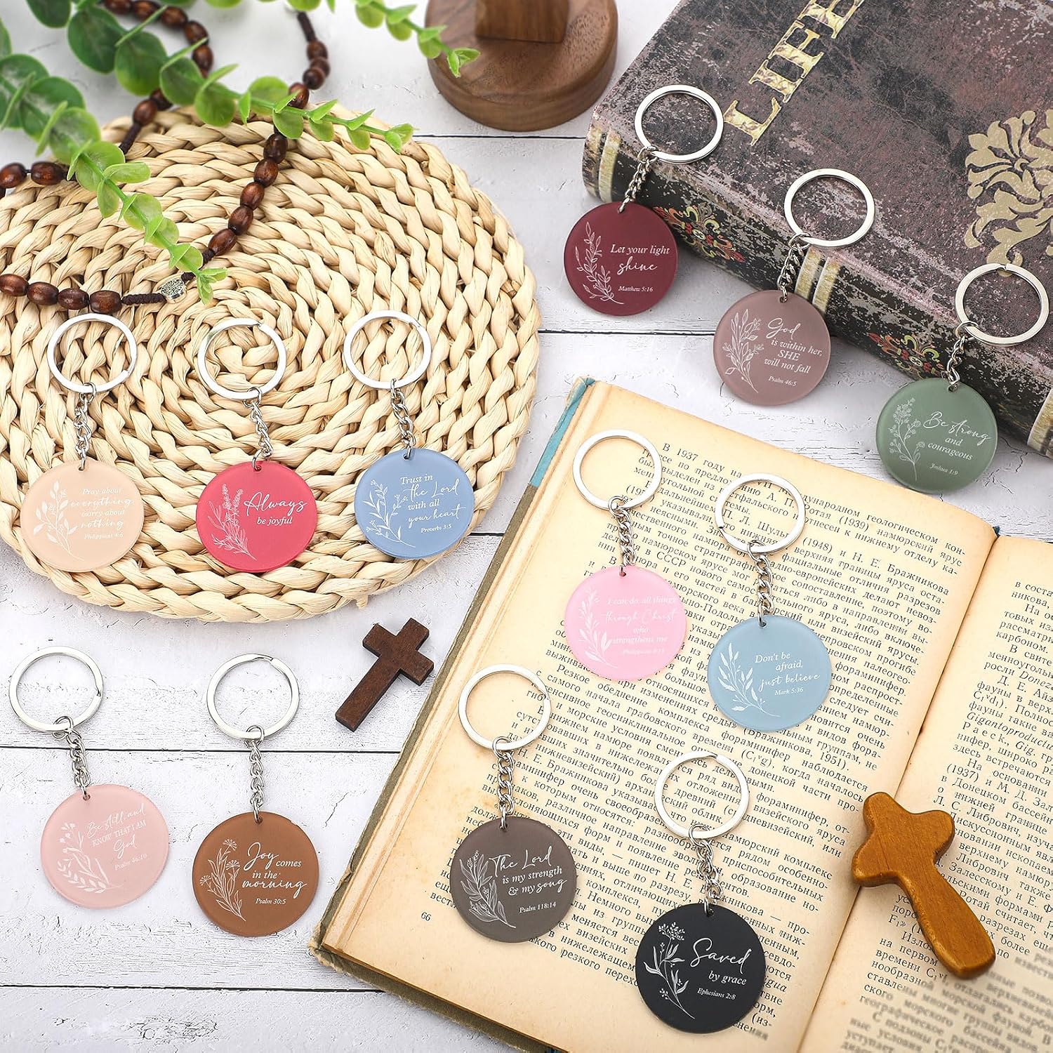 Janmercy 120 Pcs Acrylic Christian Keychain Bulk Floral Bible Verse Keychain Religious Scripture Jewelry Gifts for Women Men