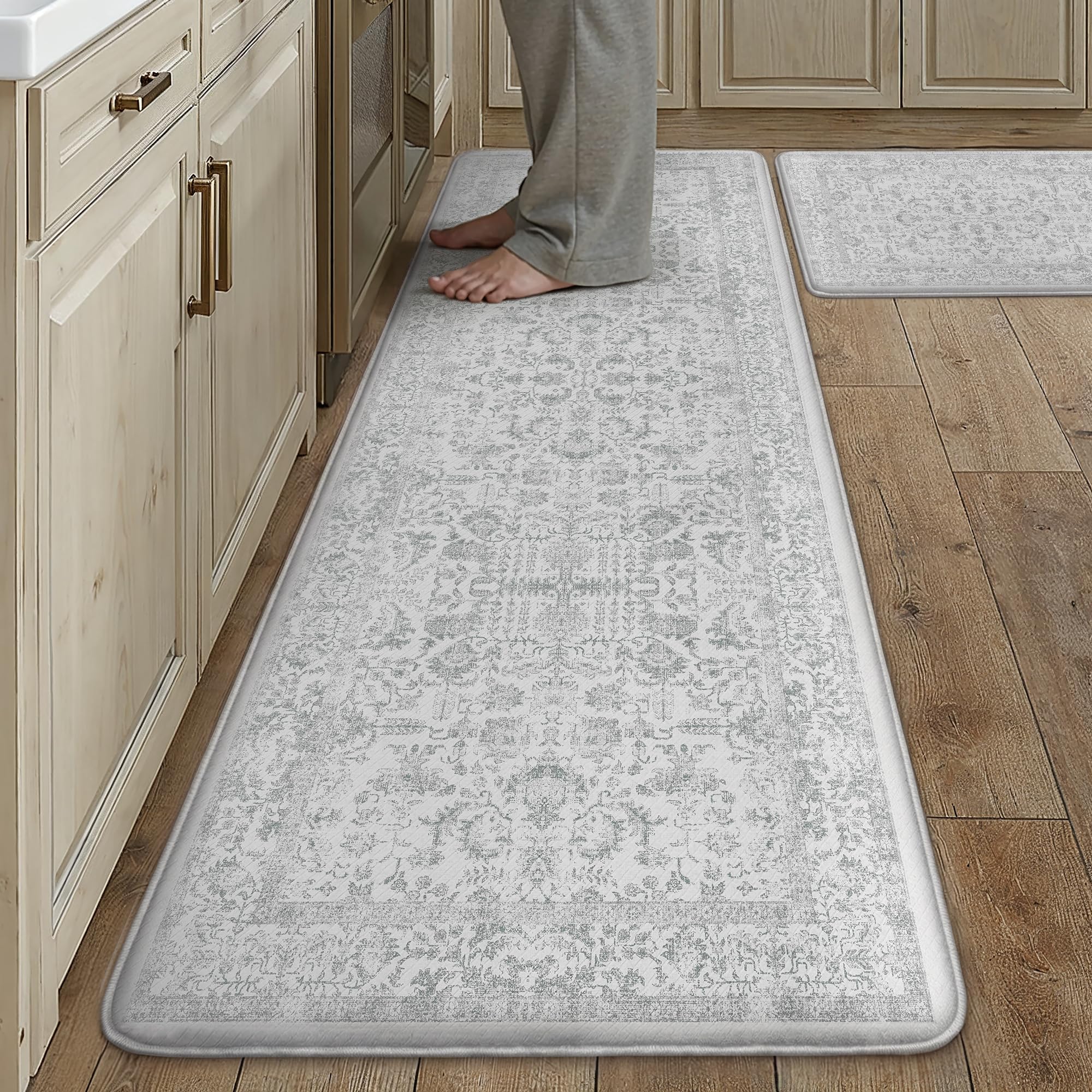 Kitchen Mats 2PCS Anti Fatigue Cushioned Mat Beige Vintage Kitchen Mats for Floor Waterproof Non Slip Comfort Standing Oriental Medallion Rug for Sink Laundry Office 17.3"x47"+17.3"x30" — view 13
