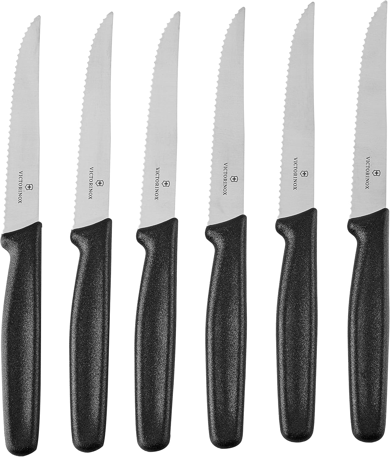 Victorinox Swiss Army Cutlery Serrated Steak Knife Set, Pointed-tip, 4.5-Inch, 6-Piece, Black, VN47650