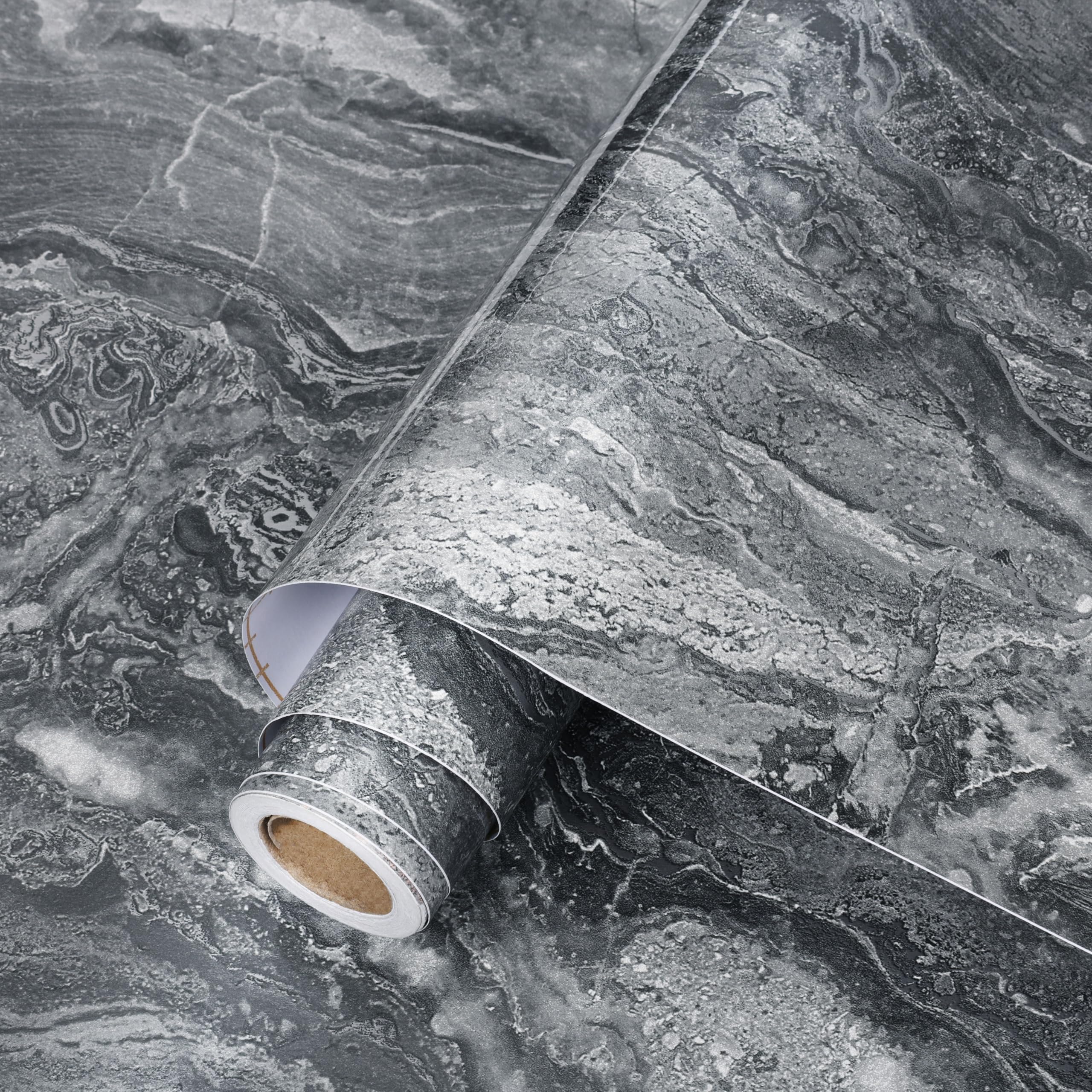 ReWallpaper 60CMx5M Carta da Parati Marmo Grigio Argento Lucido Pellicola Autoadesiva Mobili Cucina Bagno Rivestimento Tavolo Adesivo Marmo Grigio Carta Da Parati Moderna Camera Letto