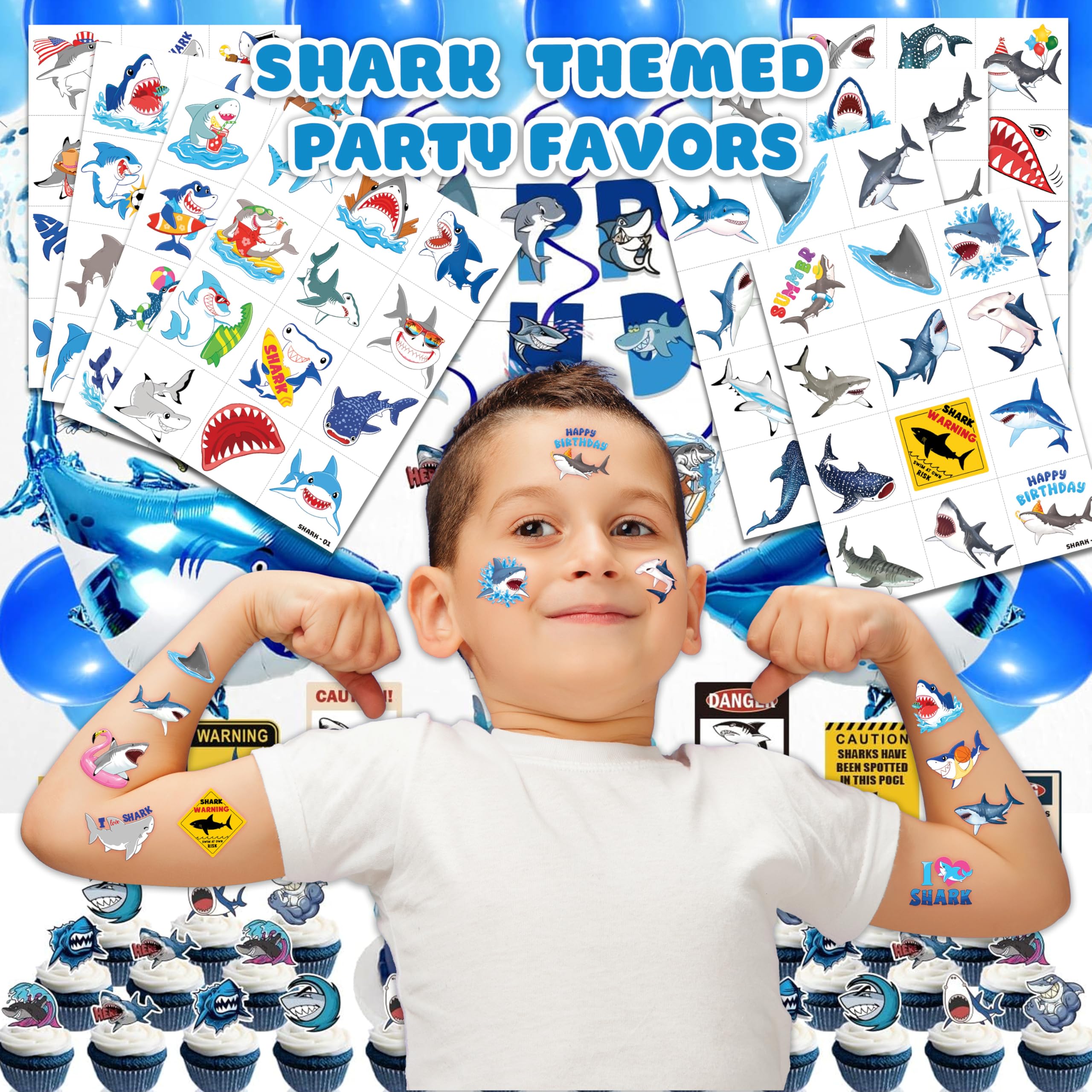91TATTOOS 96 Tatuajes Temporales Precortados de Tiburón para Niños | Adorables Recuerdos, Decoraciones Y Artículos para Fiestas de Cumpleaños con Temática de Tiburón. Pegatinas de Tatuajes de Animales