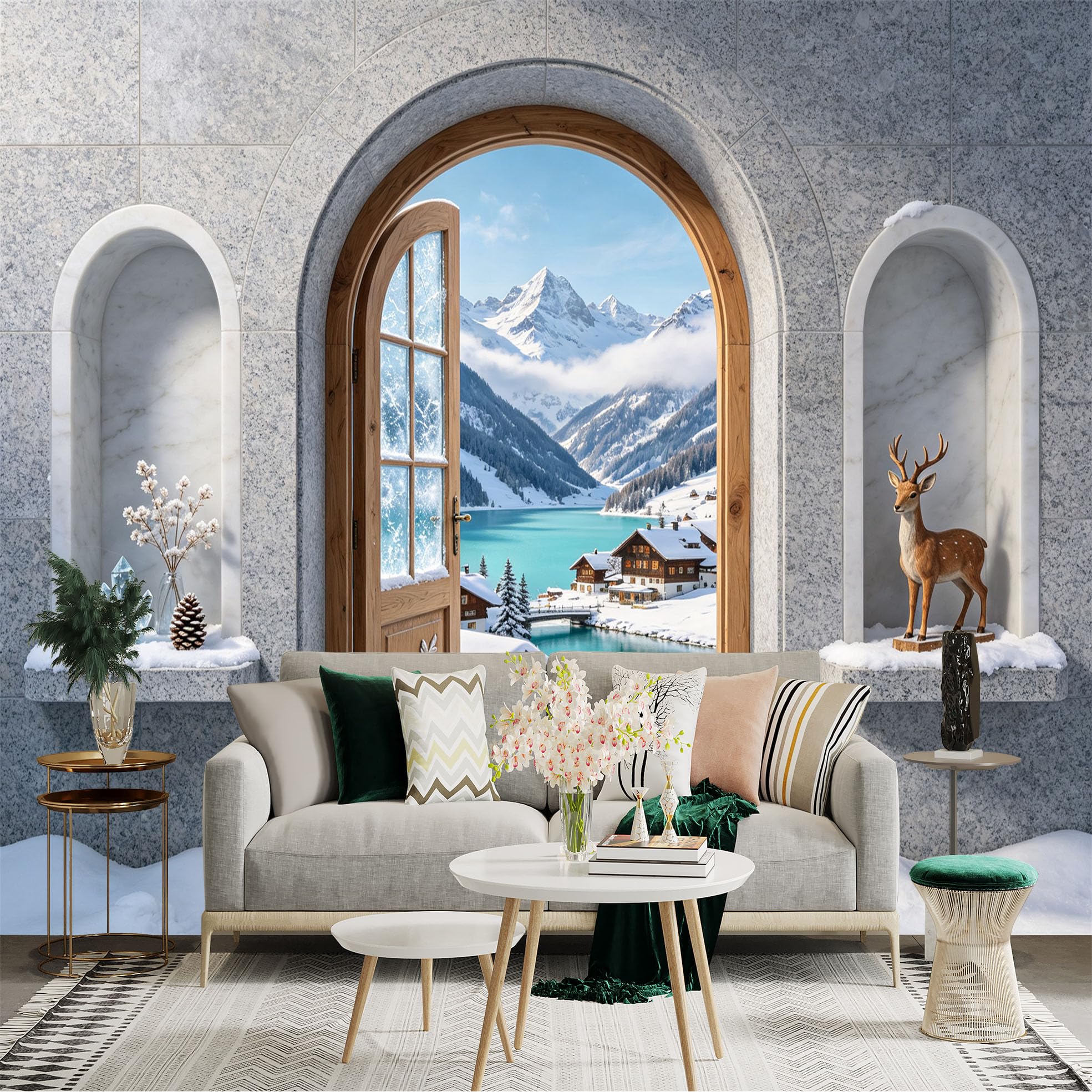 Custom Size Wall Sticker Mural， Snowy Mountain Lake View， Winter Village Landscape， Rustic Arch Door， for wall Decoration， peelandstick wall Decals.