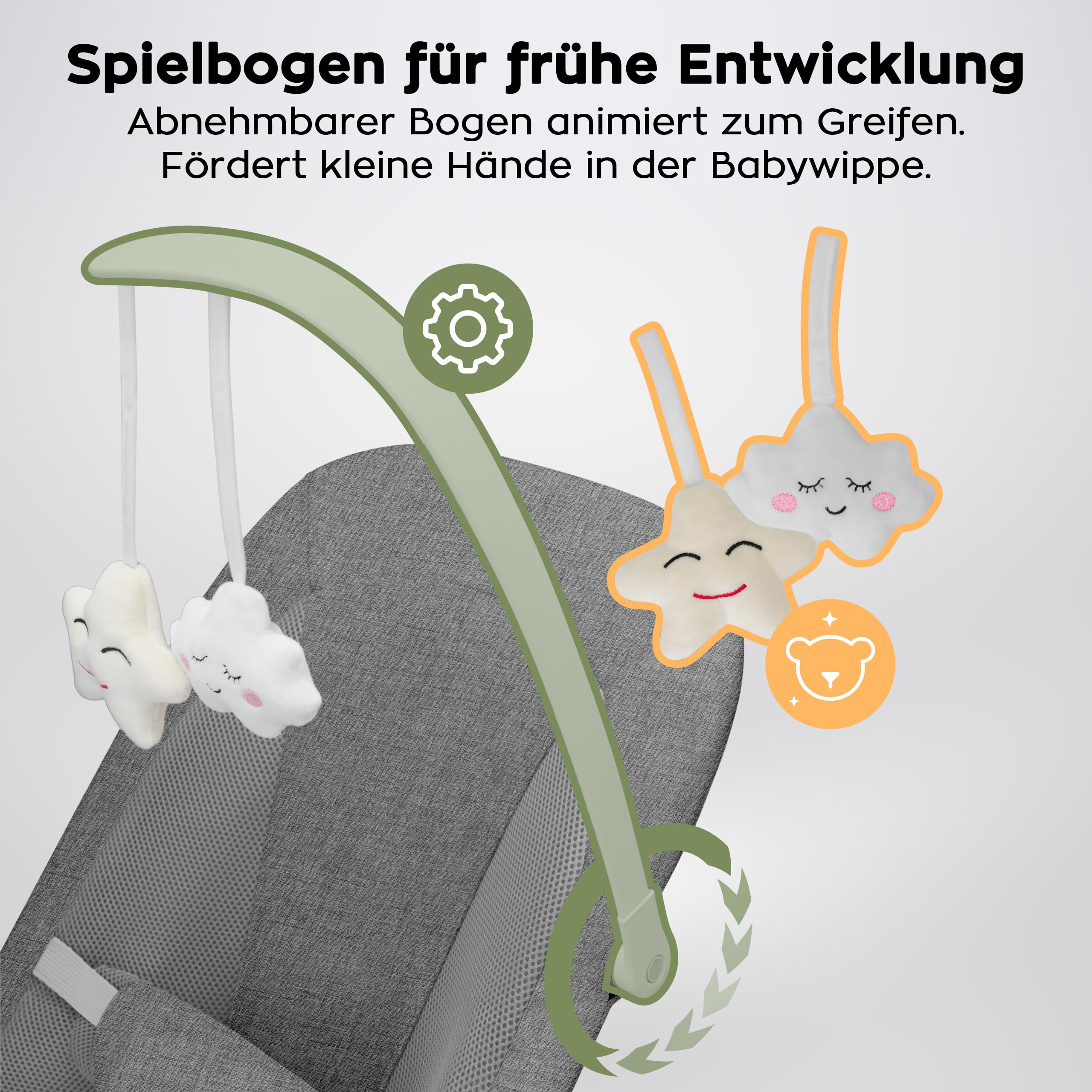 Tulano Moon 50 Babywippe – Babyschaukel mit Spielbogen Baby – 4 Positionen | Baby Wippe ab Geburt – natürliches Wippen – 3-Punkt-Gurt – UltraSoft-Matratze – Bezug waschbar – faltbar – Grau