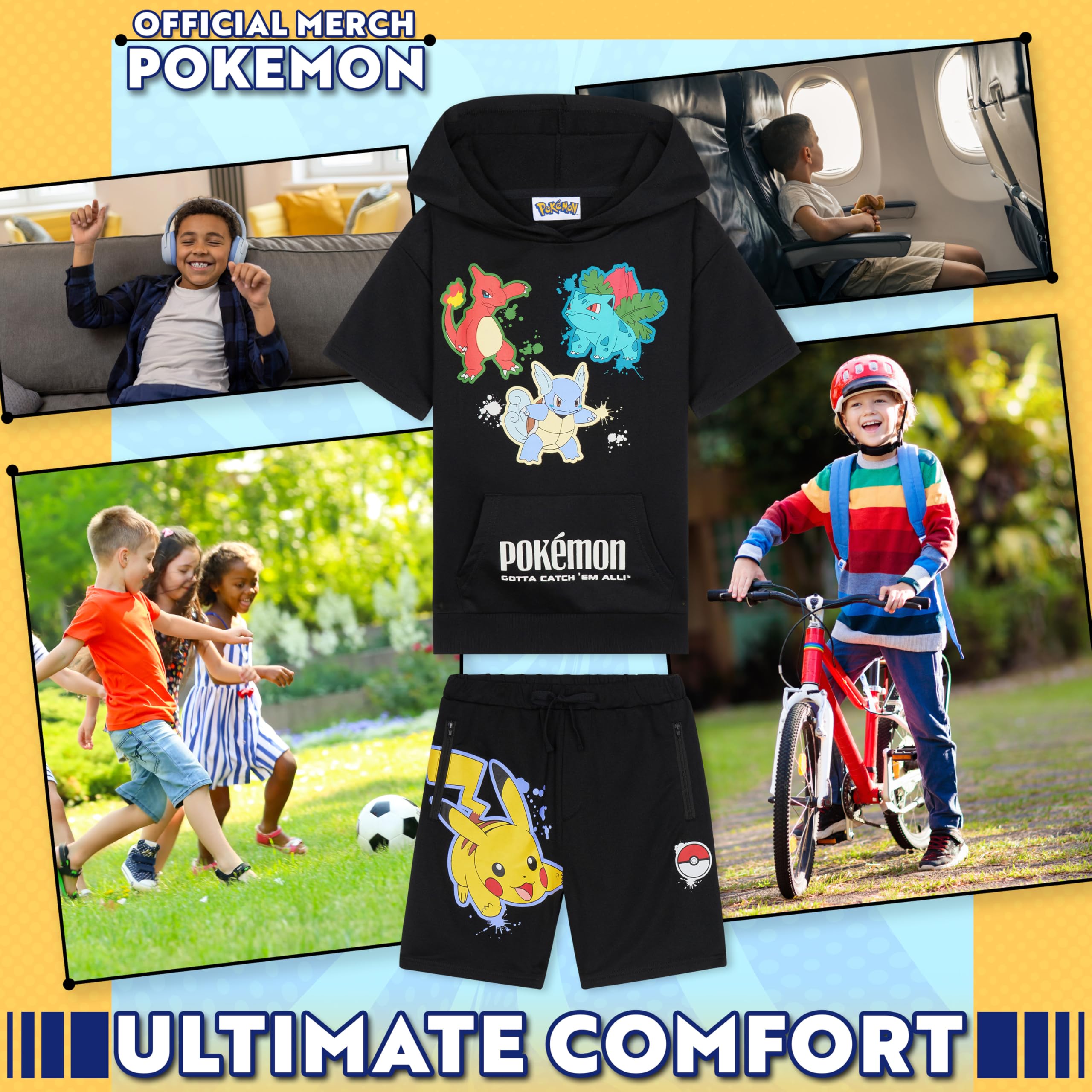 Pokémon Short à Capuche Survêtements Garçon et Ado 2 Pz Set Pikachu Manches Courtes Jogging Enfant Poches Zippées Cadeau Garcon