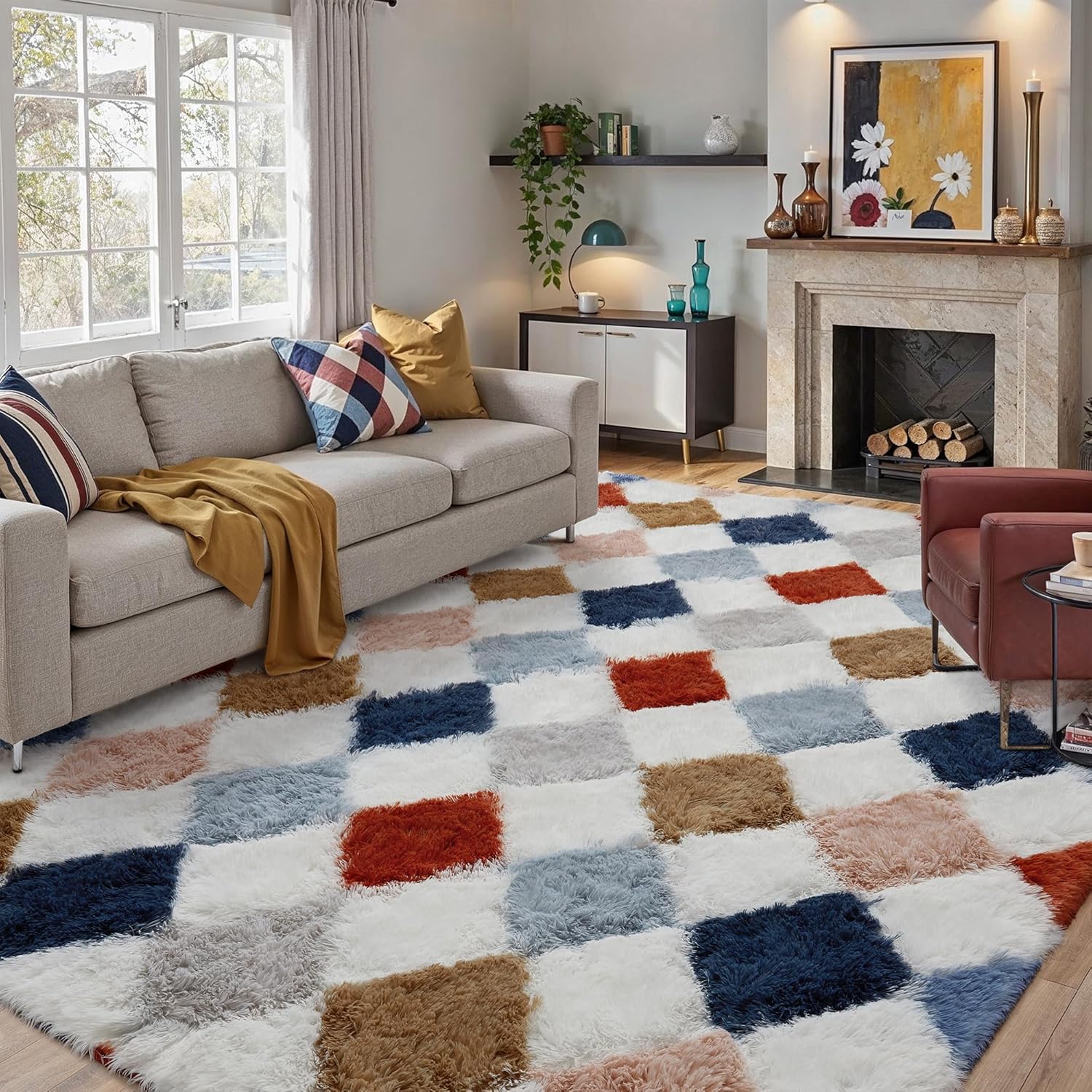 8x10 Checkered Rug for Living Room Rainbow Soft Fluffy Shag Area Rug Bedroom Modern Plush High Pile Non Slip Fuzzy Carpet for Aesthetic Home Decor