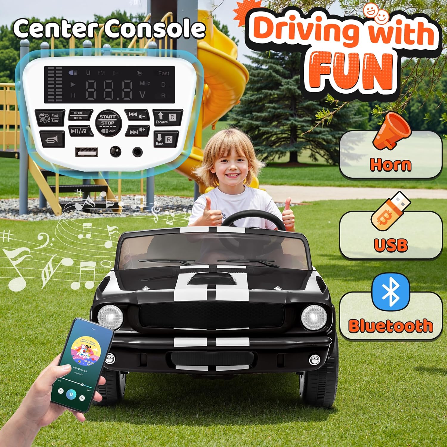 Close-up of the ride-on car's center console featuring music, Bluetooth, USB, and horn controls.
