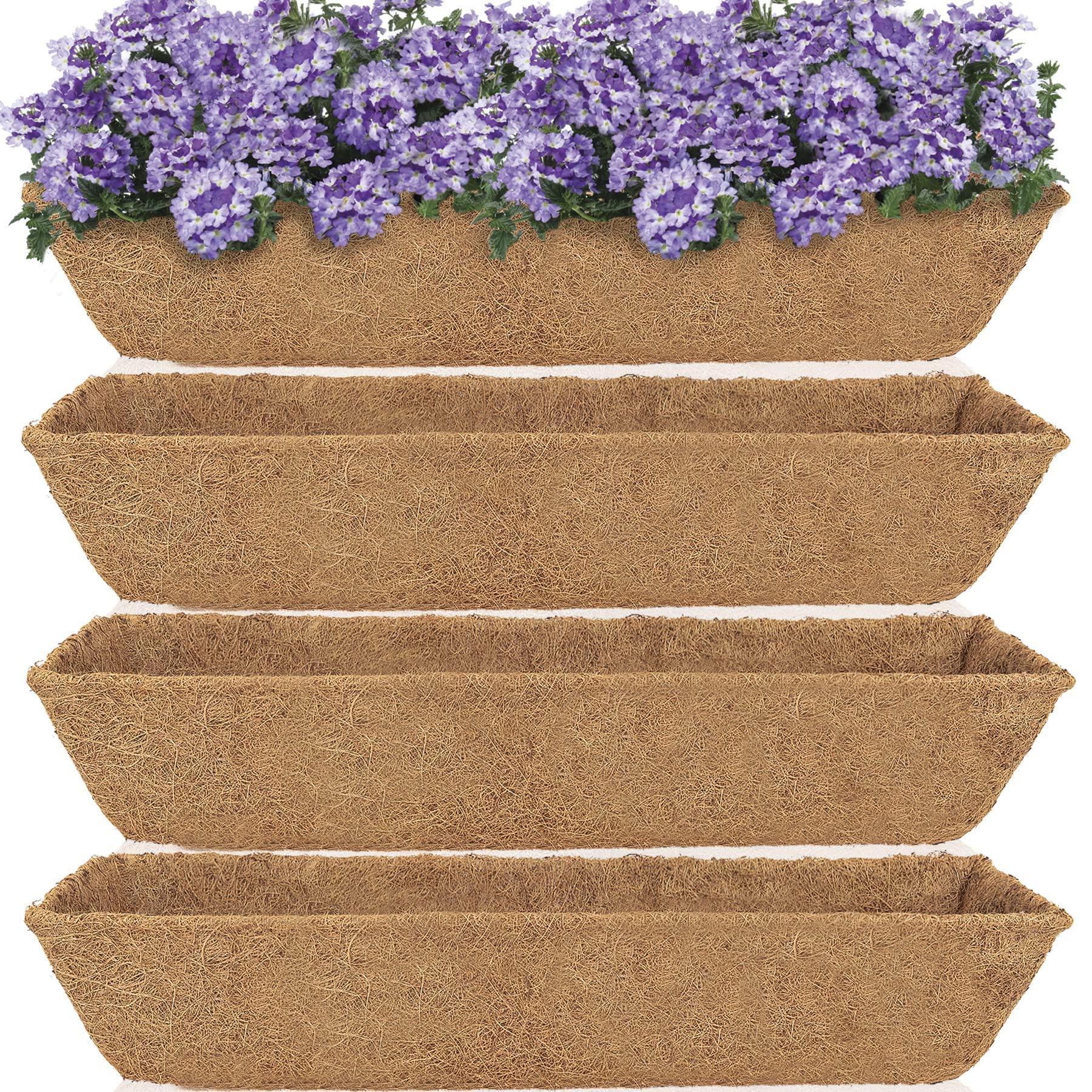 Hfhome Brown 4Pcs Trough Coco Replacement Liners, 60.9Cm/24In 100% Natural Coconut Husk Rectangle Window Box Liner For Wall Basket Balcony & Garden Decoration