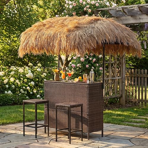 Outdoor Tiki Bar Set with Widen Hula Thatched Shade(48" L), 3-Piece Wicker Outside Tiki Bars with 2 Stools, Hawaiian Style Beach Outside Bars for Patio, Garden, Poolside, Backyard (Brown)