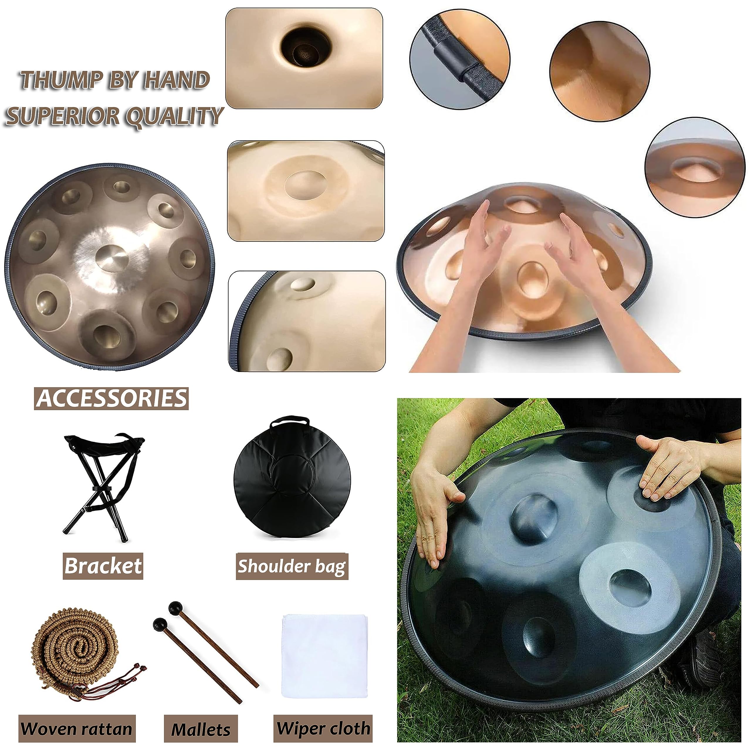 Handpan Drum Instrument 9/10 Notes, 22 Pouces en D Mineur - Tambour à Main en Acier Avec Sac Soft, 2 Maillets, Stand - Pour la Guérison Sonore, Méditation